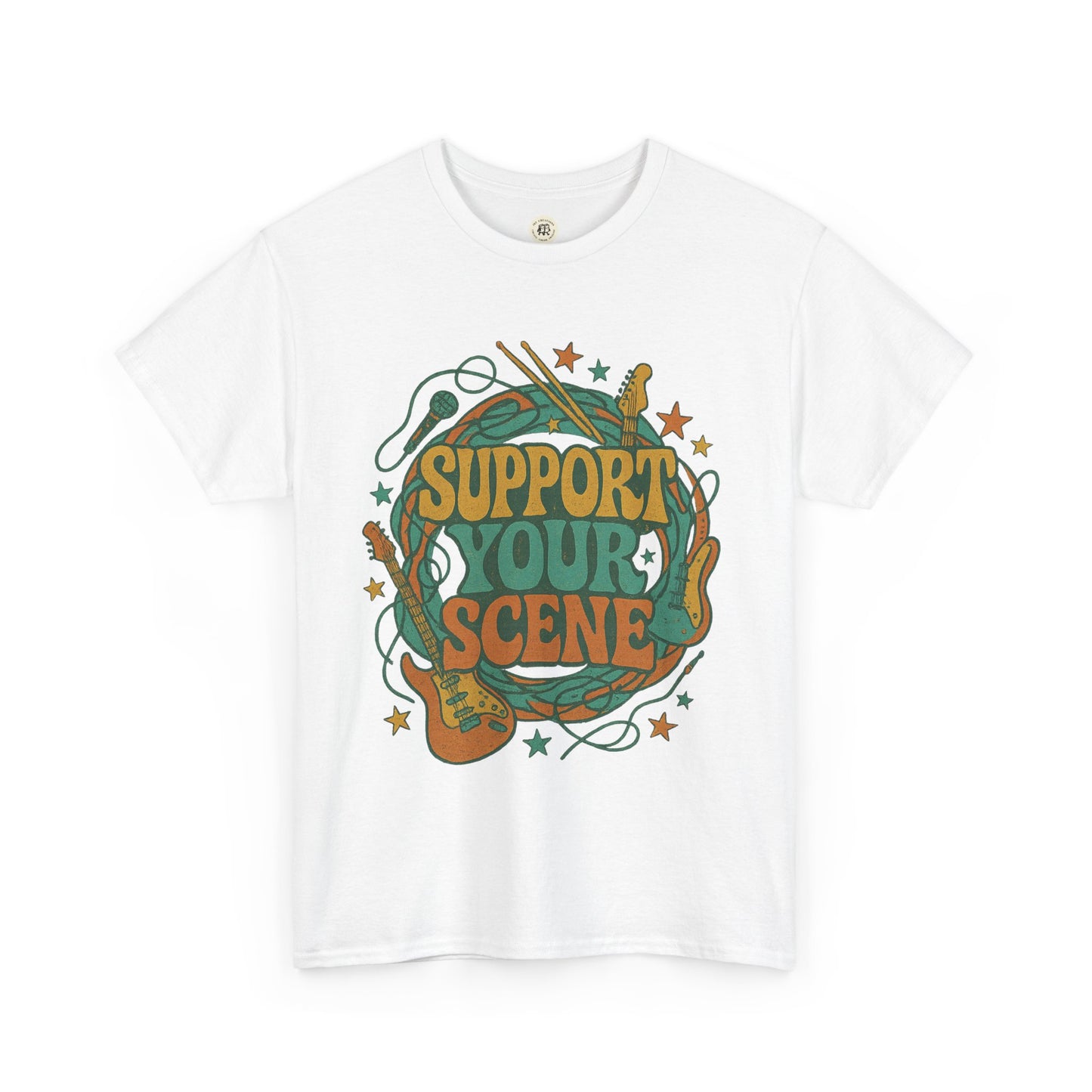 White Printify t-shirt with colorful support your scene t-shirt graphic featuring guitars and musical elements