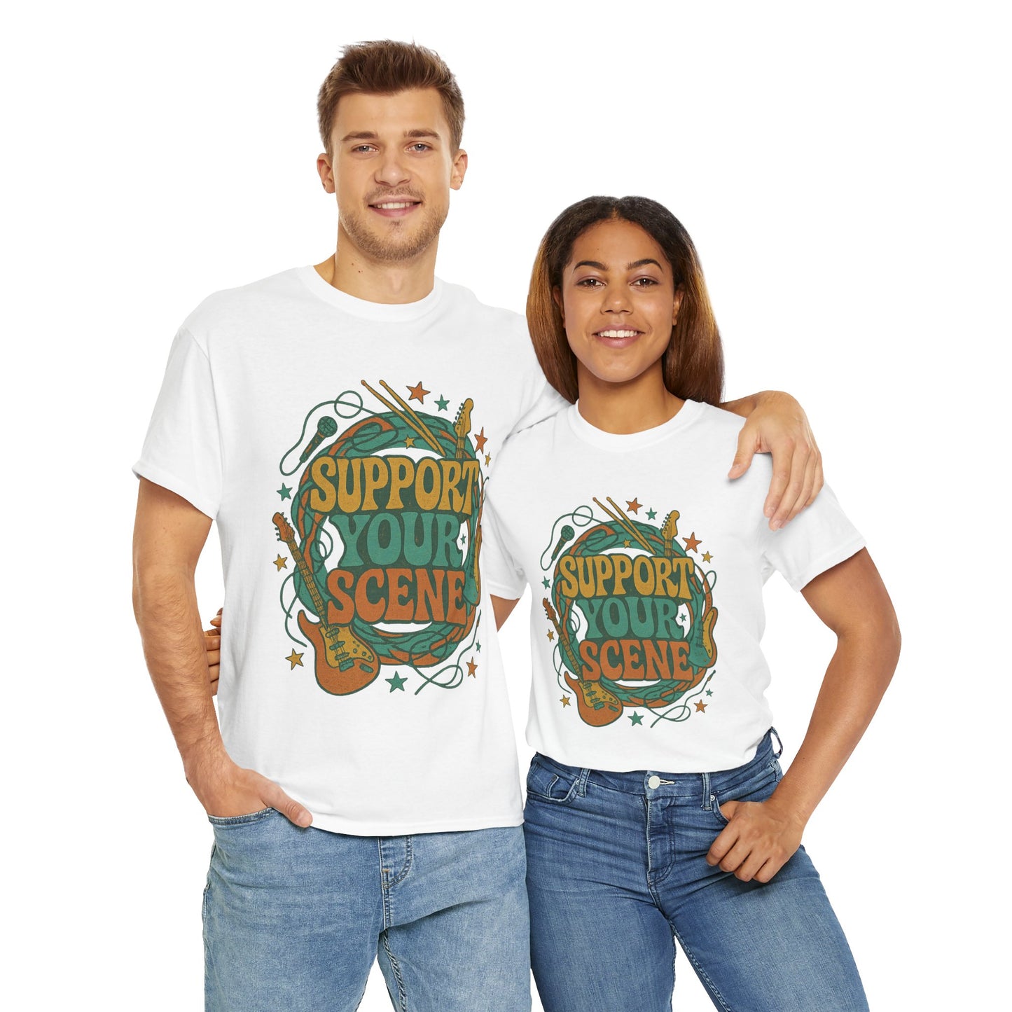 Young man and woman wearing white support your scene t-shirt with guitar and stars graphic