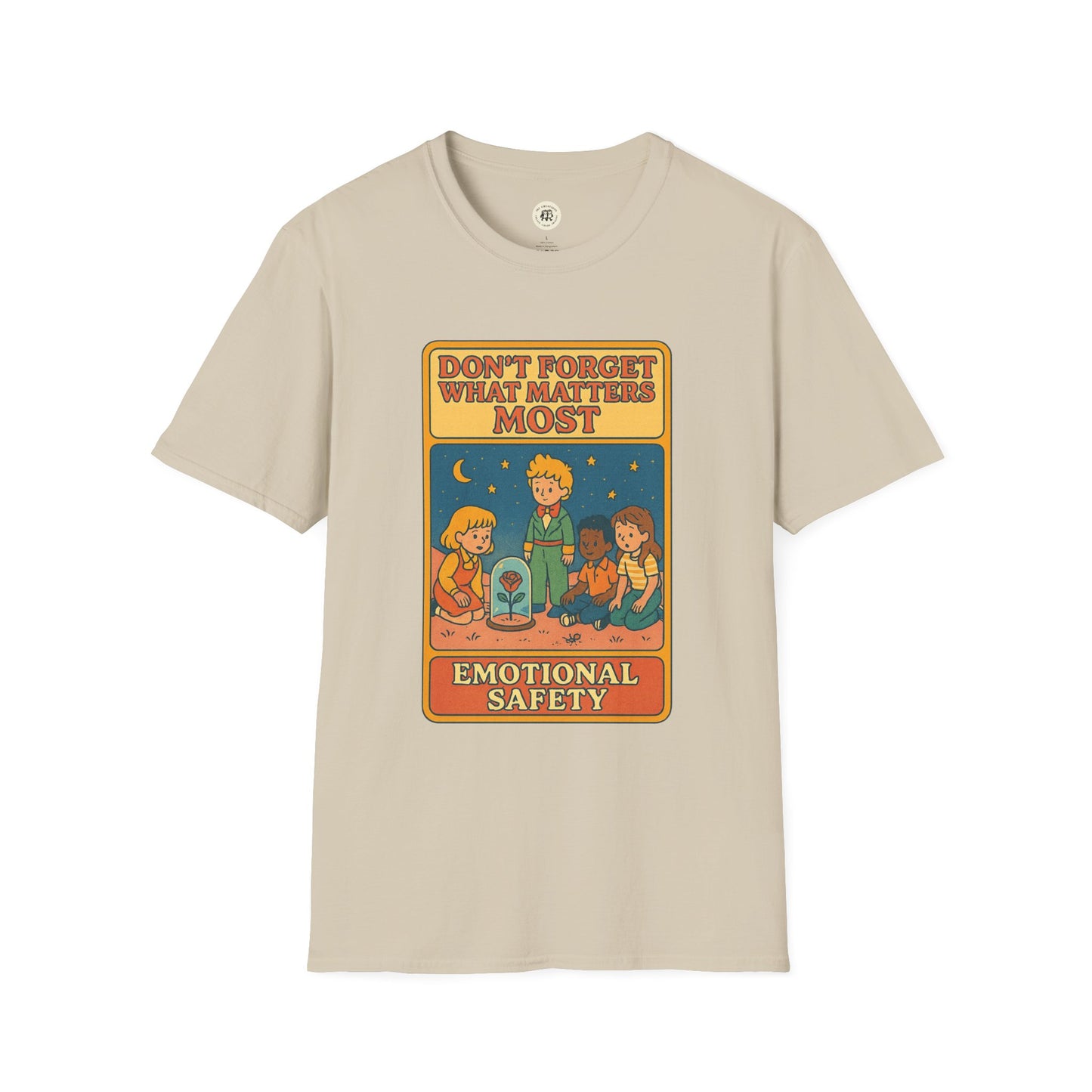 Beige The Little Prince emotional safety shirt with a colorful illustration and motivational text print