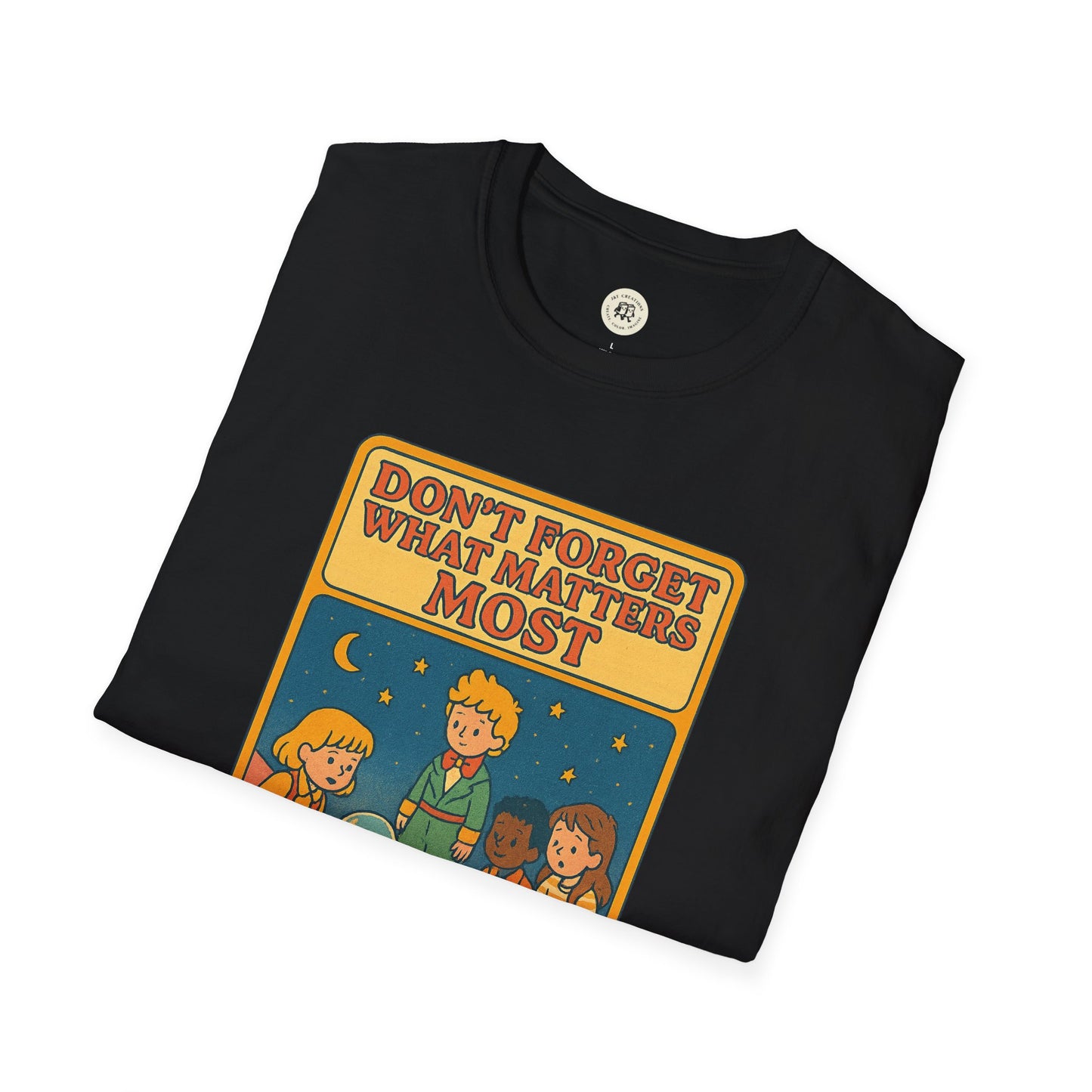 Black Printify t-shirt featuring The Little Prince emotional safety shirt design with colorful characters and inspirational text