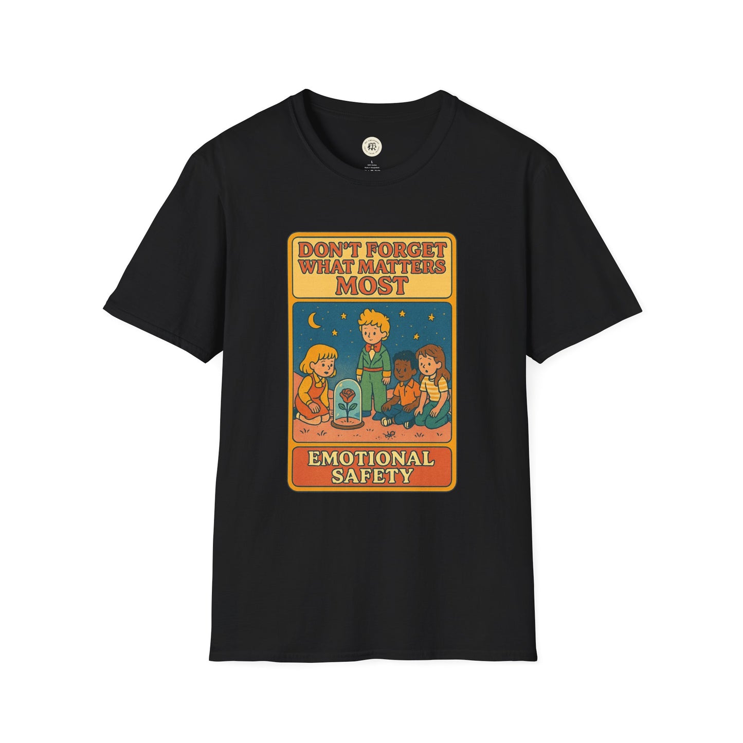 Black Printify T-Shirt with The Little Prince emotional safety shirt design featuring children and a rose