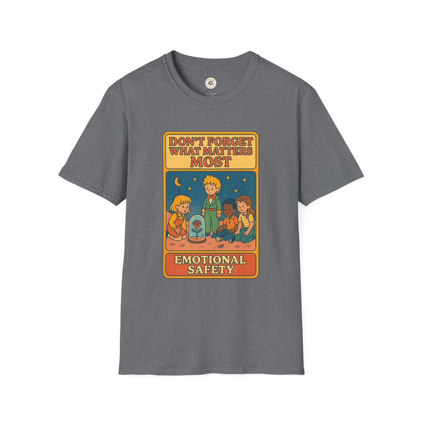 Gray Printify T-shirt featuring The Little Prince emotional safety shirt design with colorful characters and text