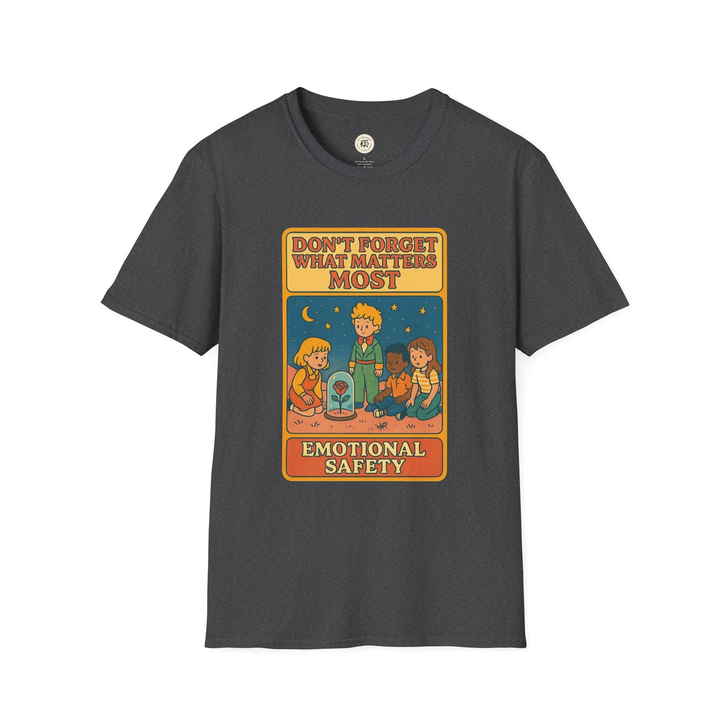 The Little Prince emotional safety shirt with vintage style graphic and inspirational quote on dark gray tee