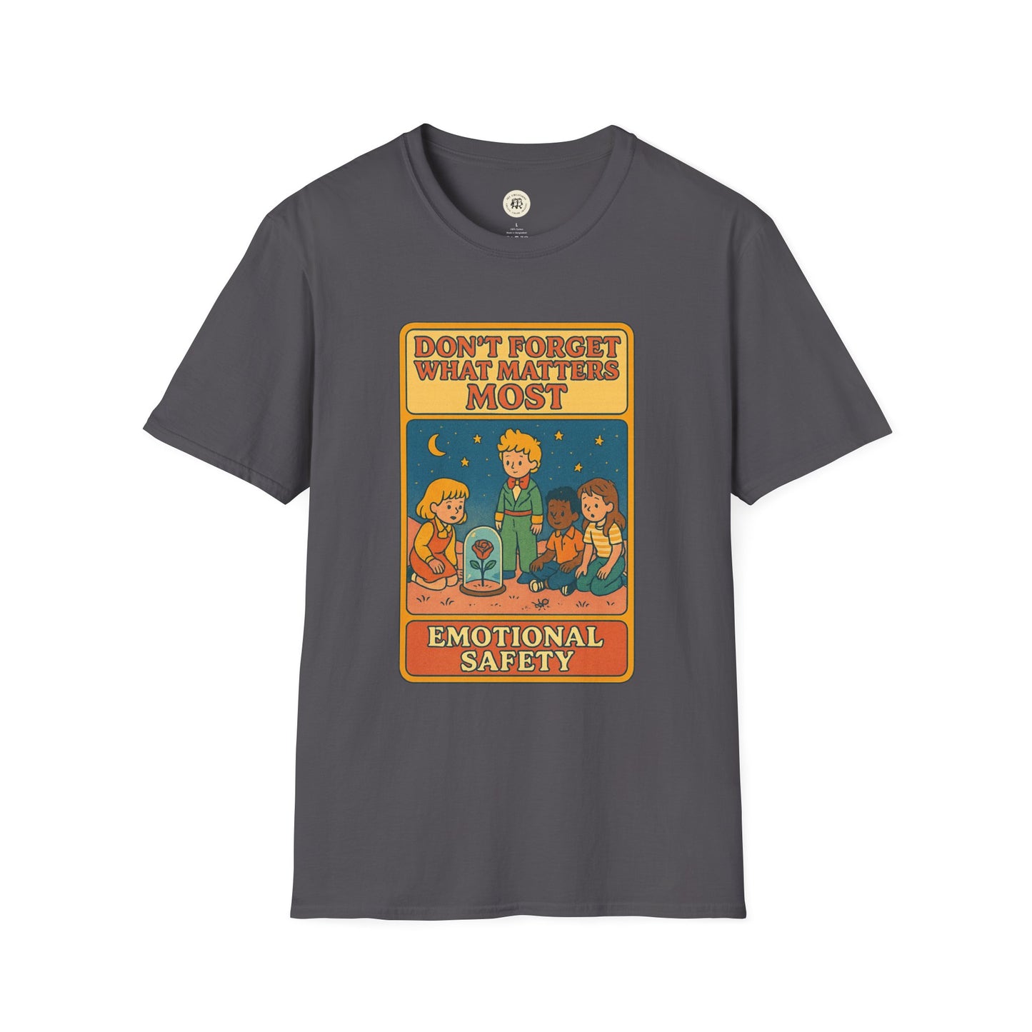 The Little Prince emotional safety shirt in gray with colorful graphic and text design