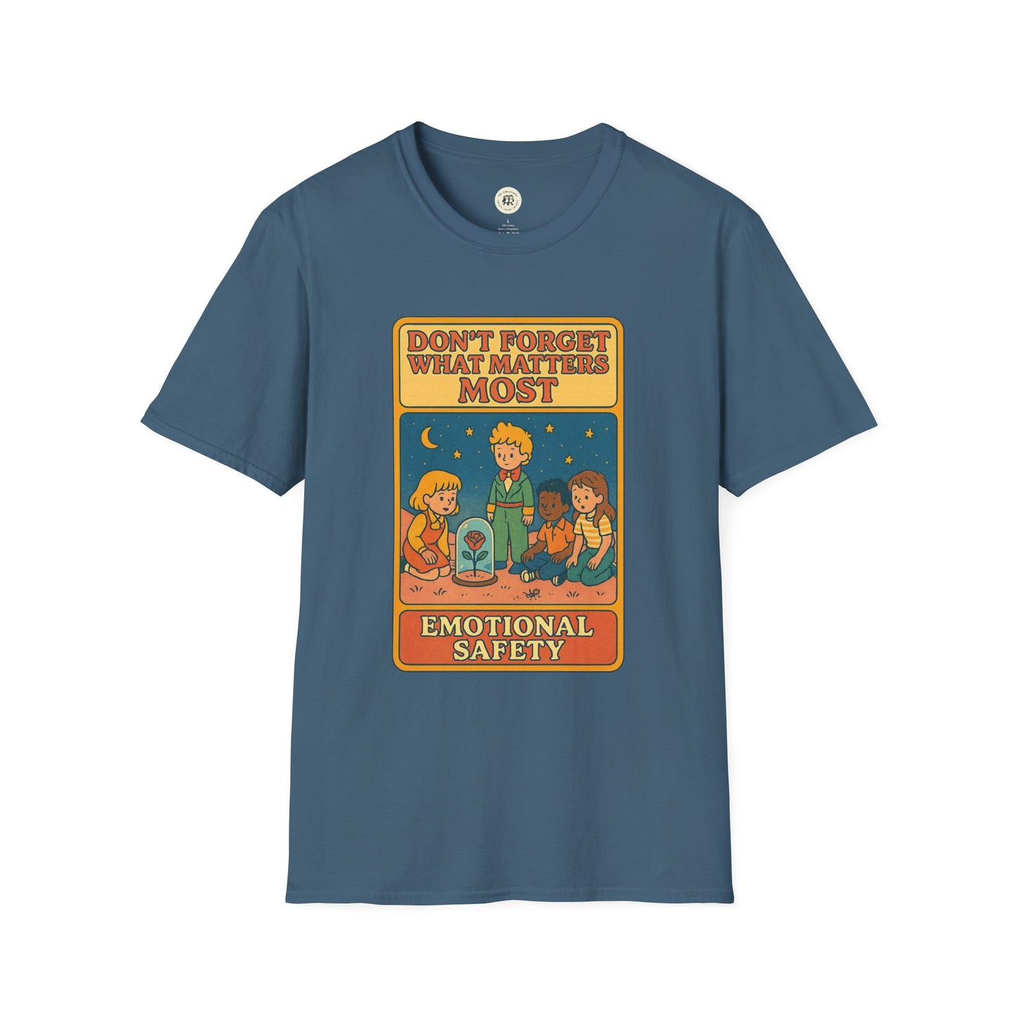 The Little Prince emotional safety shirt in blue with colorful vintage style graphic and text design