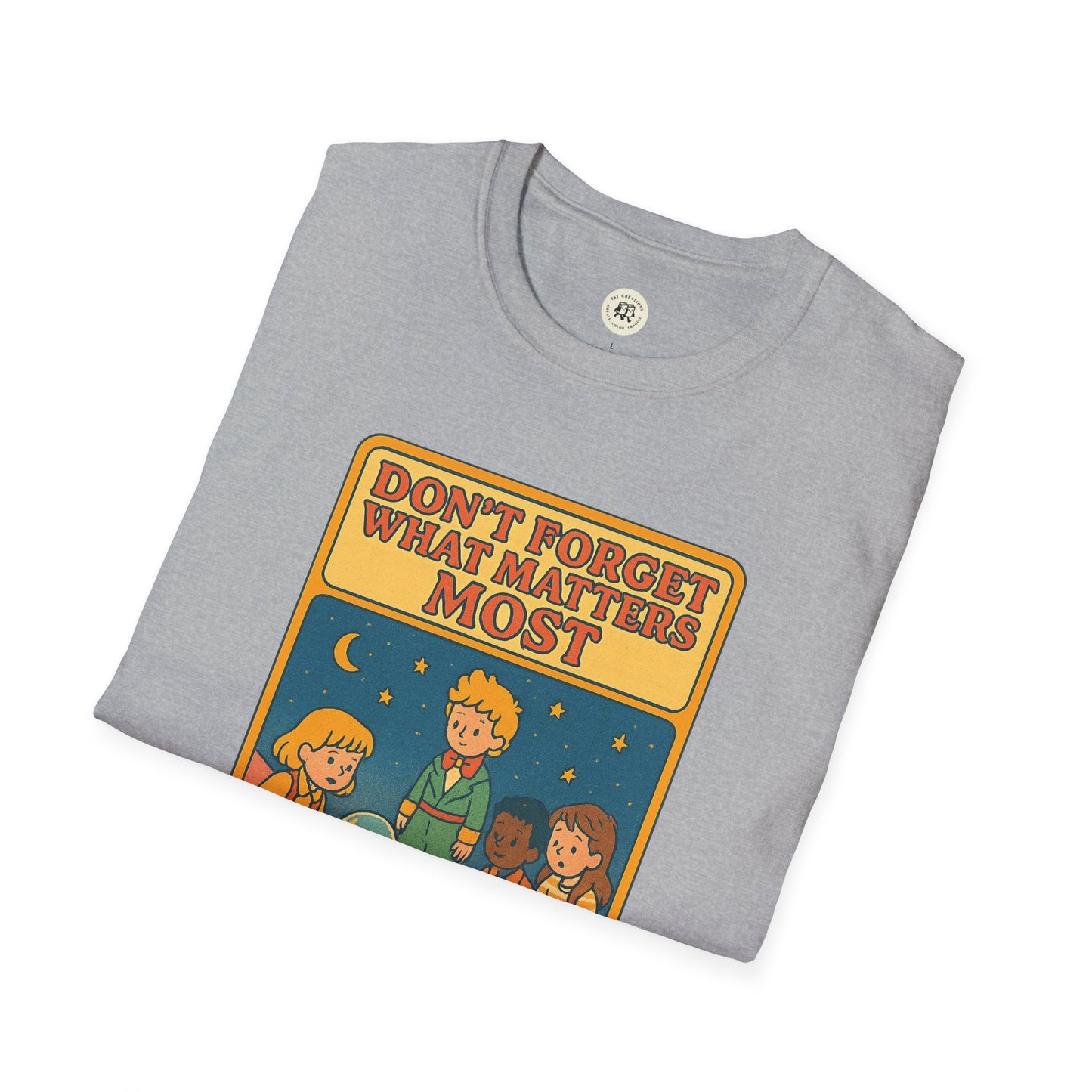 Printify gray t-shirt featuring The Little Prince emotional safety shirt design with children and stars