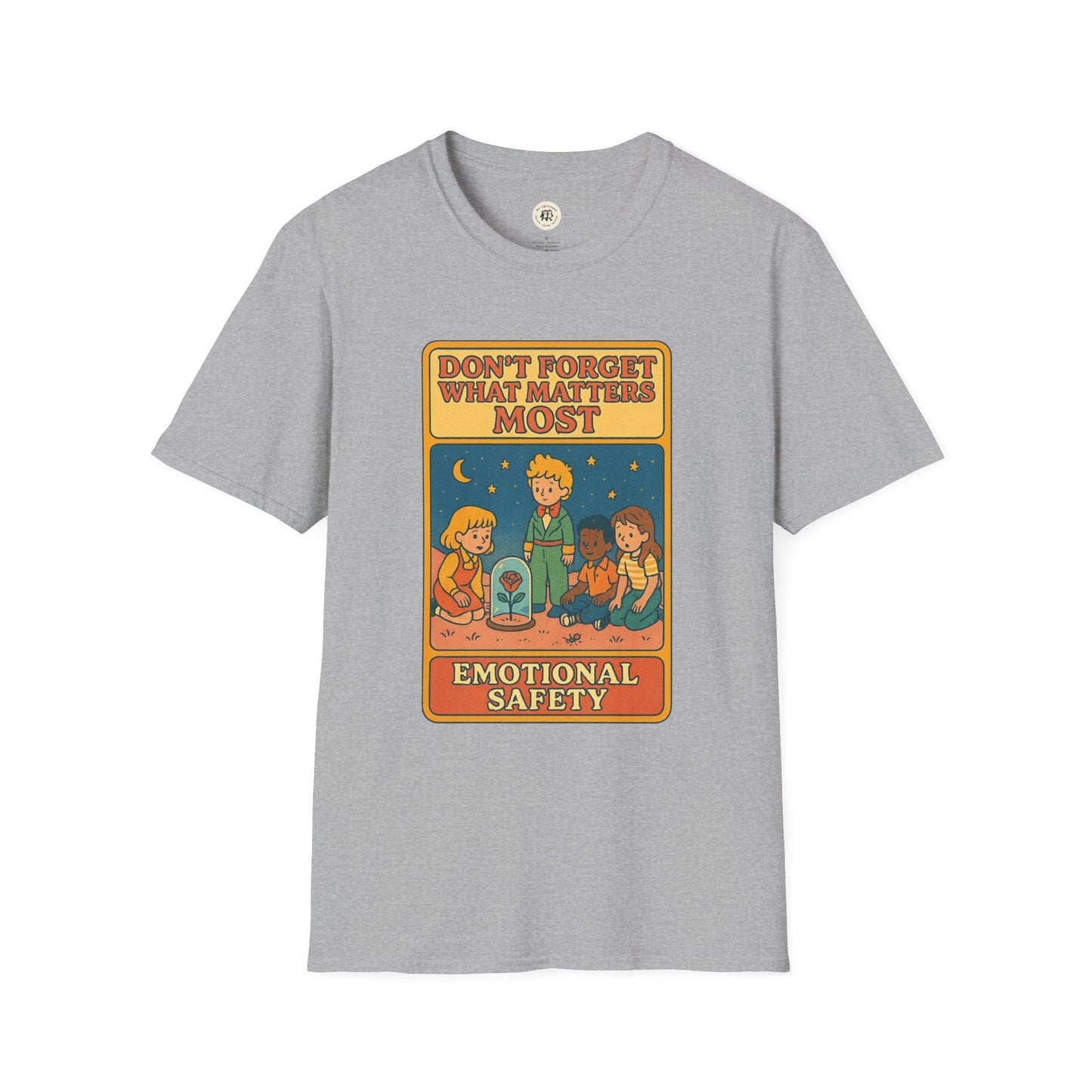 Gray Printify T-shirt with The Little Prince emotional safety shirt design showing children and text about emotional safety