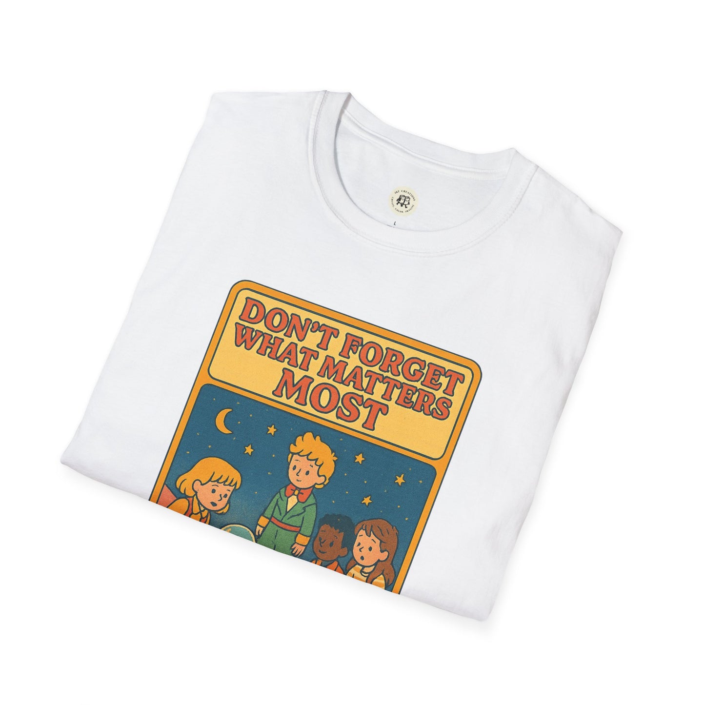 White Printify t-shirt featuring The Little Prince emotional safety shirt design with colorful cartoon characters