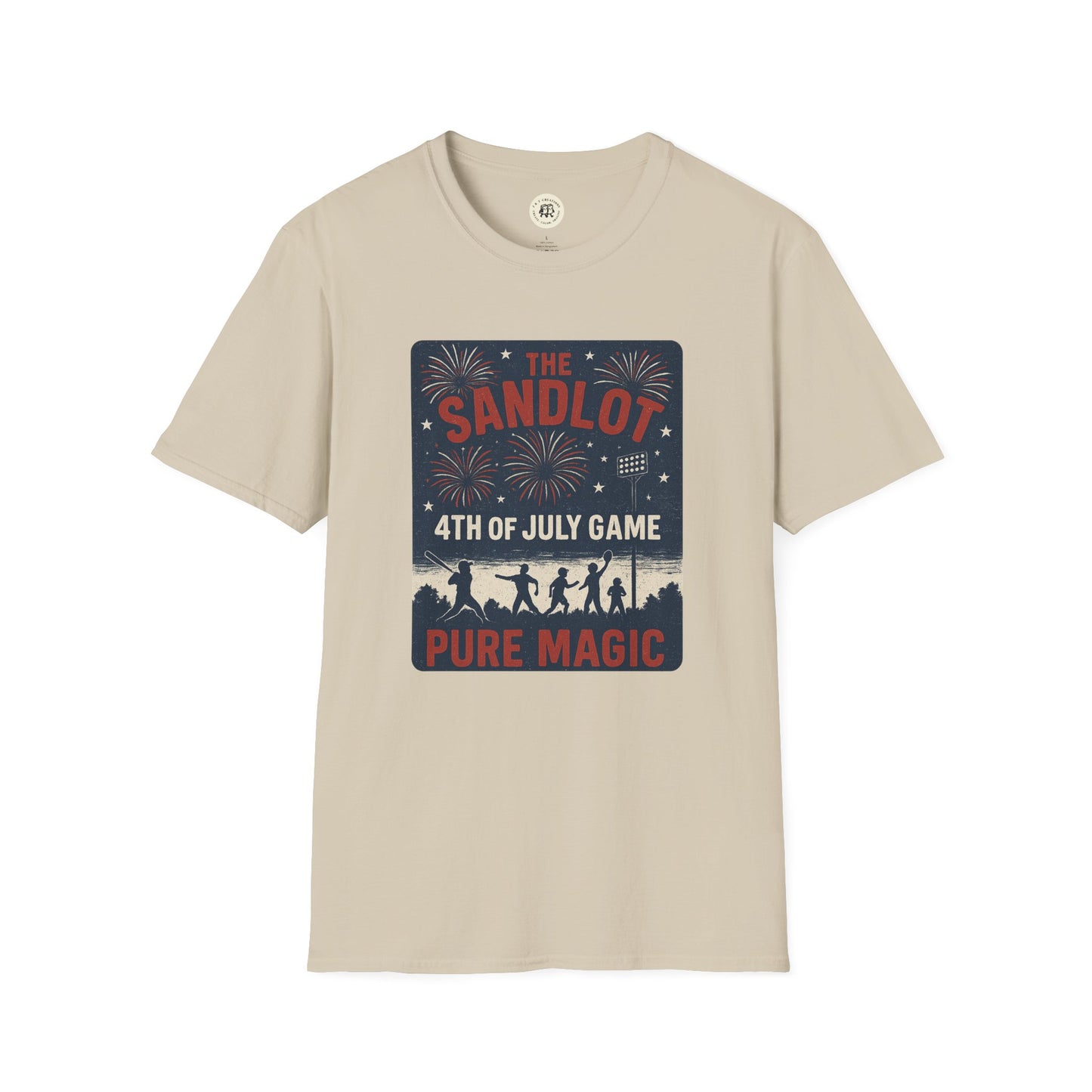 Printify beige T-shirt featuring The Sandlot patriotic shirt design with fireworks and 4th of July theme