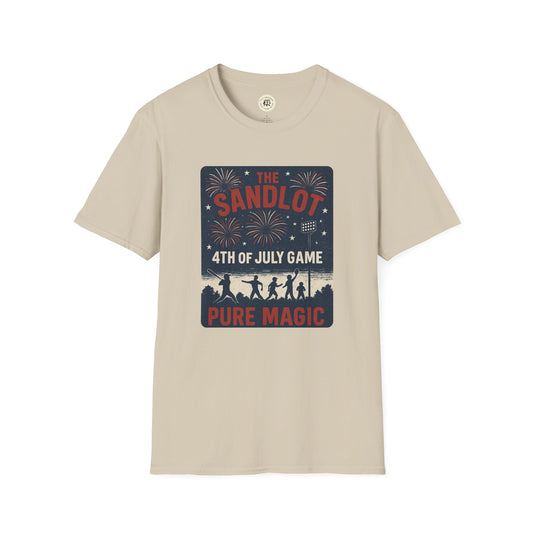 Printify beige T-shirt featuring The Sandlot patriotic shirt design with fireworks and 4th of July theme