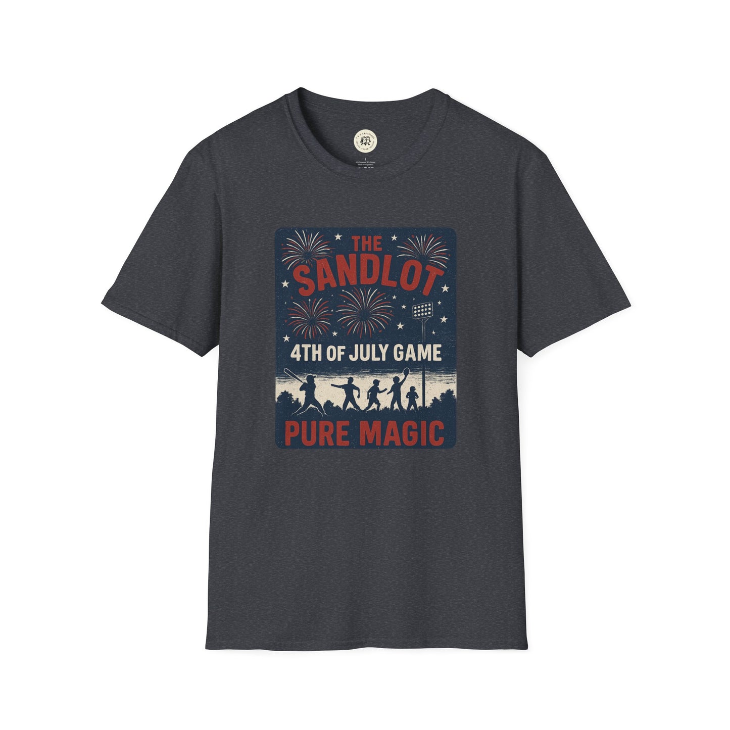 Printify black T-Shirt featuring The Sandlot patriotic shirt design with 4th of July game fireworks