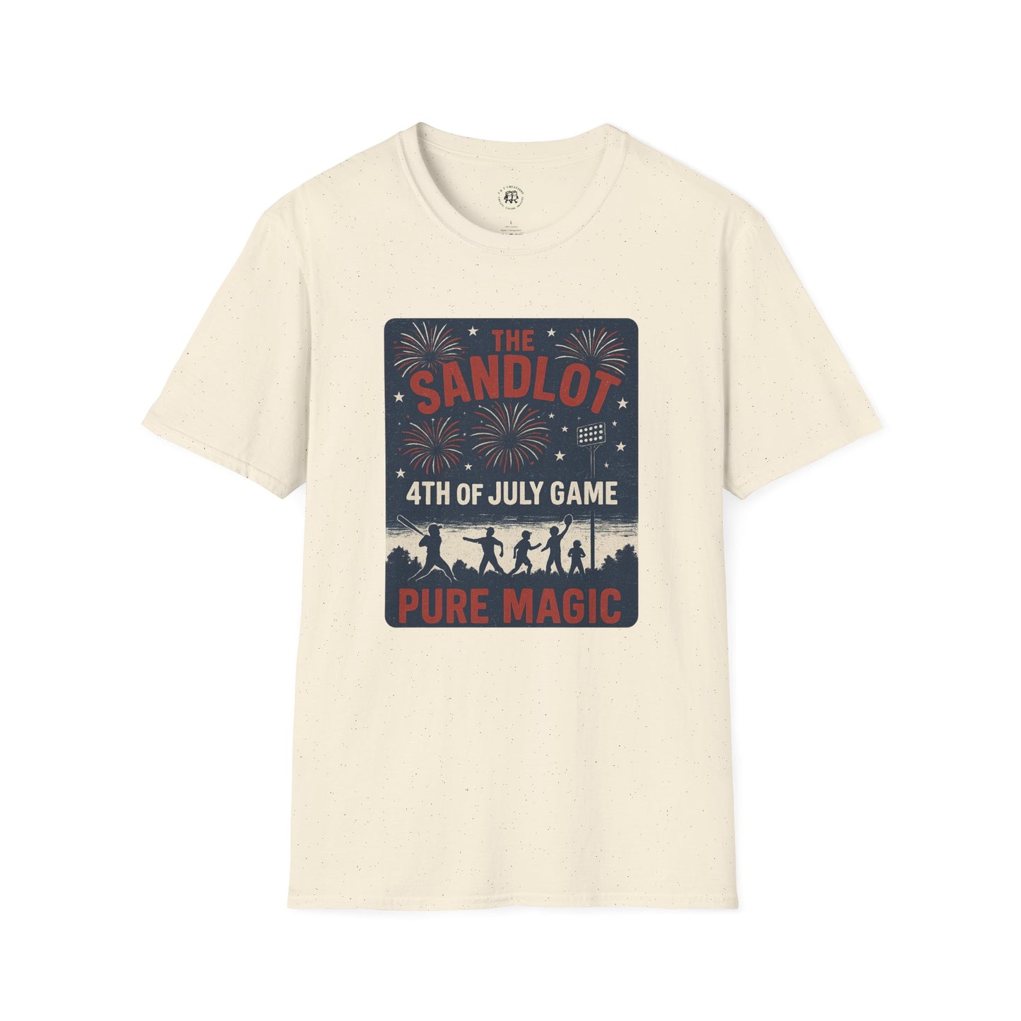 Printify beige T-shirt featuring The Sandlot patriotic shirt design with 4th of July fireworks and Pure Magic text