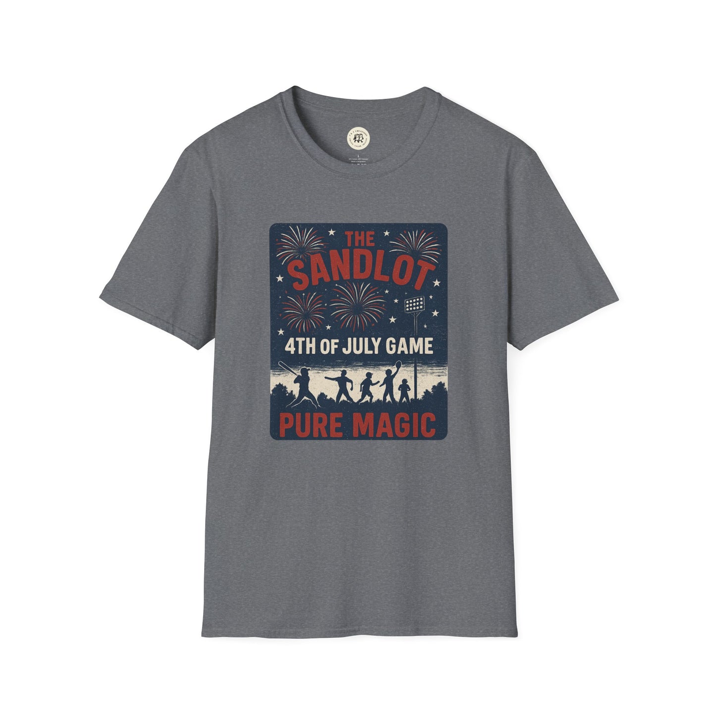 Printify gray T-Shirt with The Sandlot patriotic shirt design featuring 4th of July game and fireworks