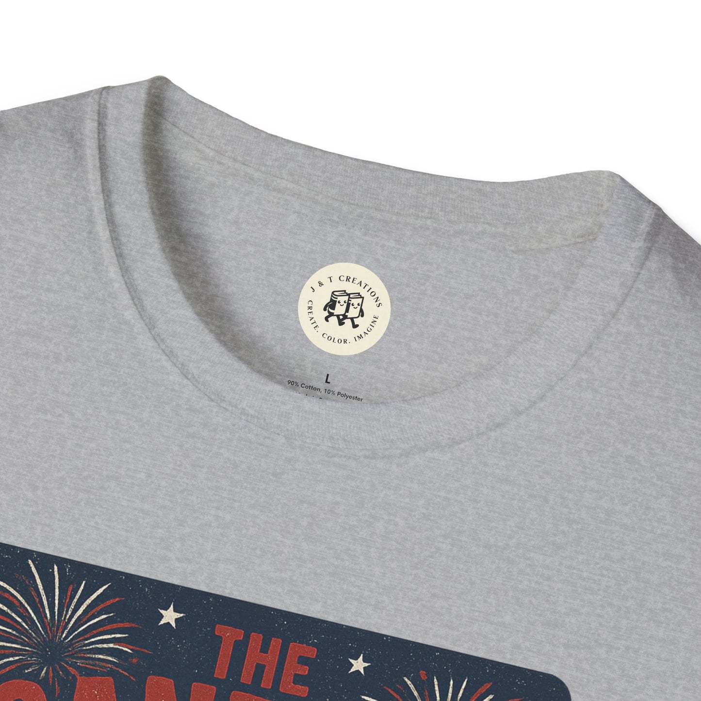 Gray Printify T-Shirt featuring The Sandlot patriotic shirt design with fireworks and star accents