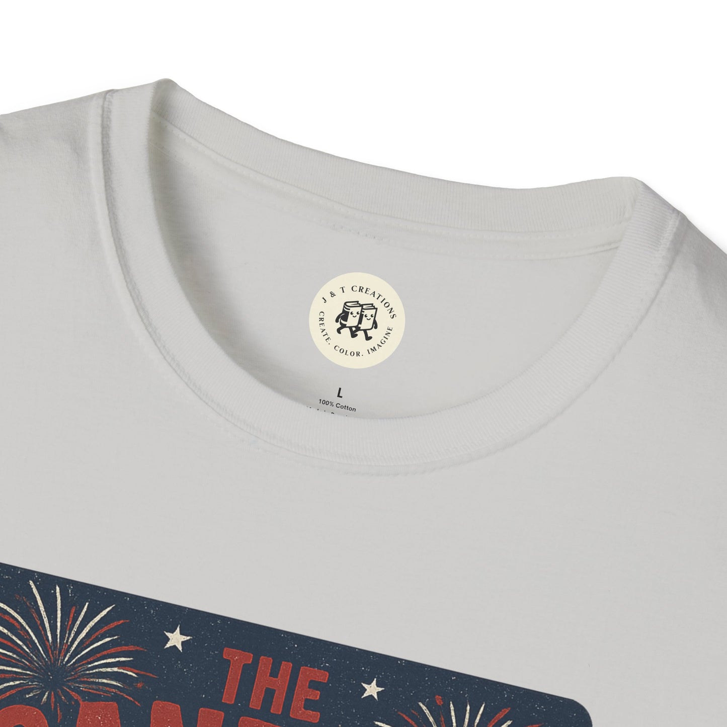 Printify white T-shirt featuring The Sandlot patriotic shirt design with fireworks and stars