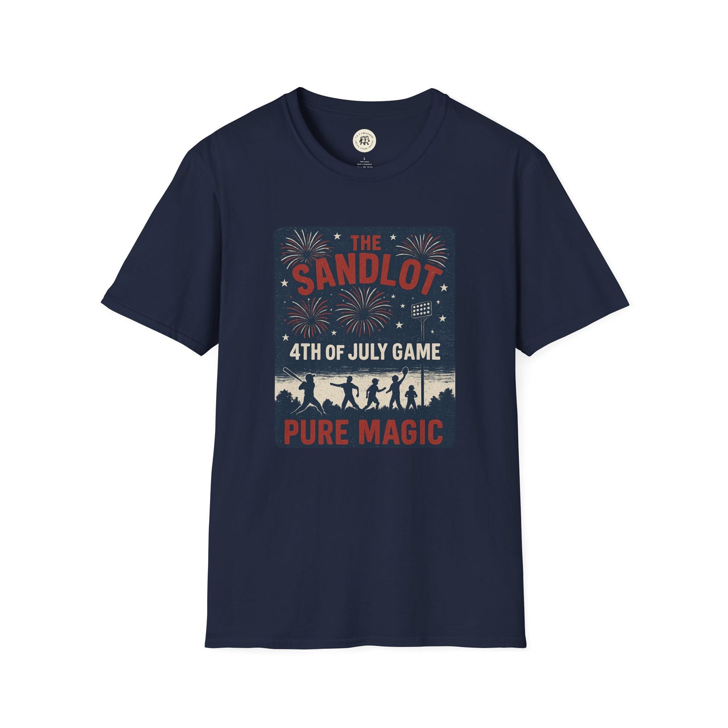 Printify navy T-shirt featuring The Sandlot patriotic shirt 4th of July game design with fireworks