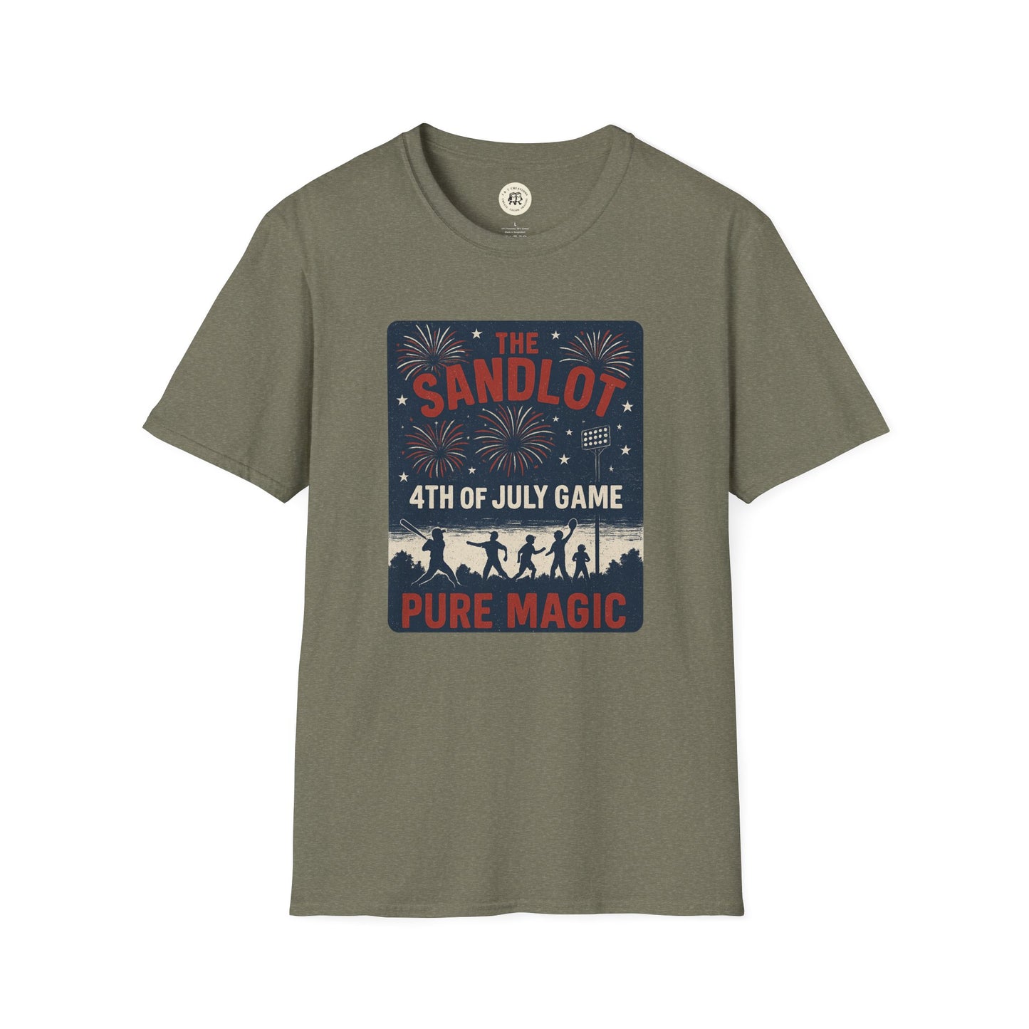 Printify The Sandlot patriotic shirt with 4th of July game and fireworks design on olive green t-shirt