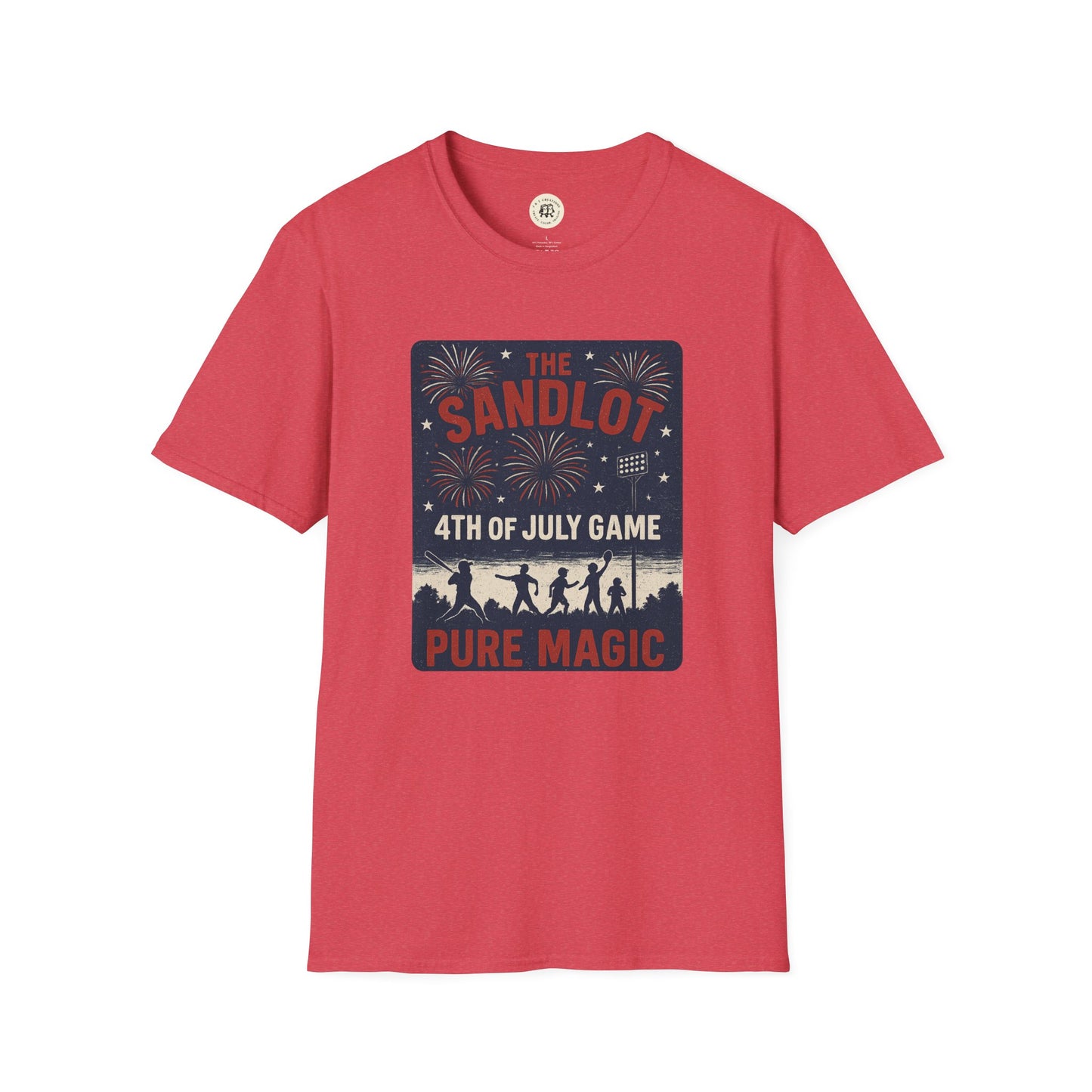 Red Printify T-shirt featuring The Sandlot patriotic shirt design with 4th of July game and fireworks