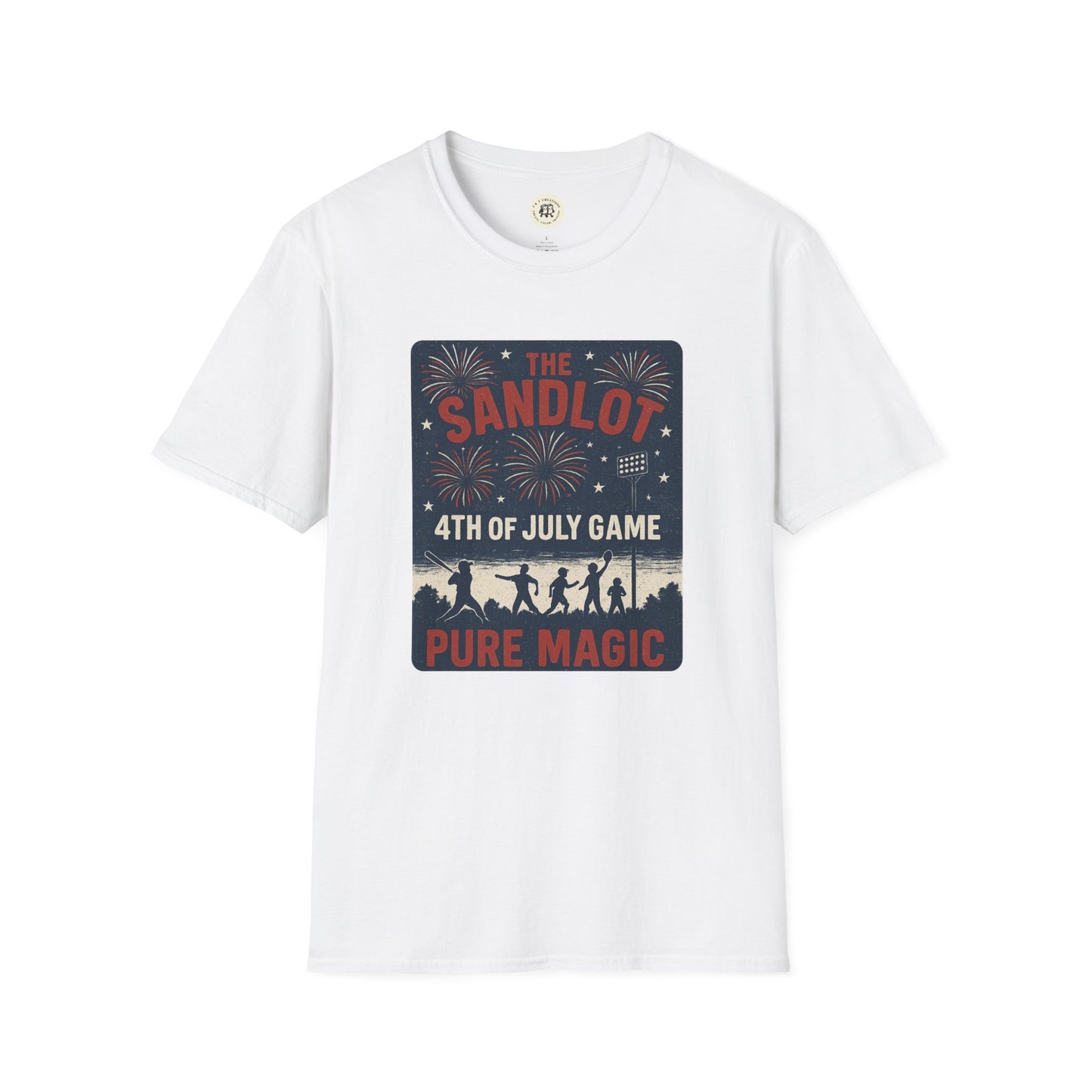 White Printify T-Shirt featuring The Sandlot patriotic shirt design with 4th of July game fireworks