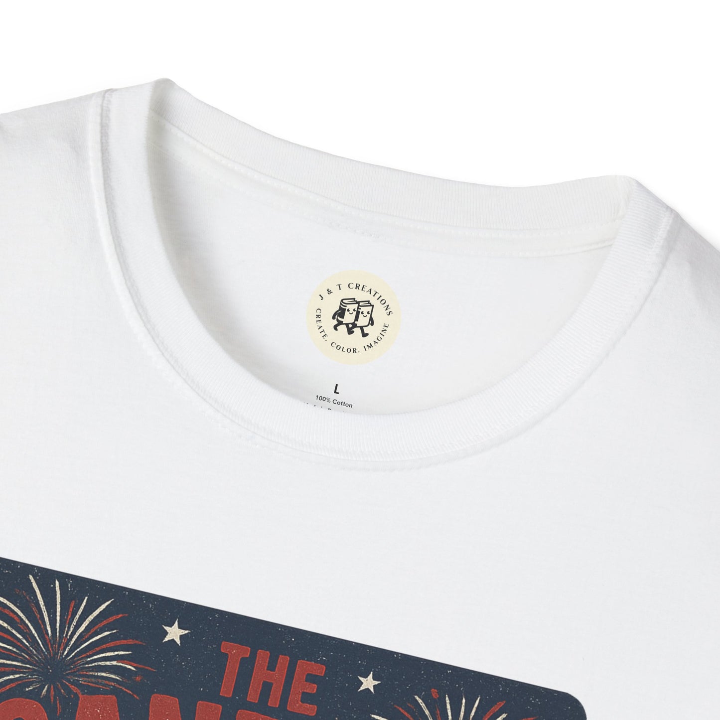 Close-up of a white Printify T-Shirt featuring The Sandlot patriotic shirt design with fireworks and stars