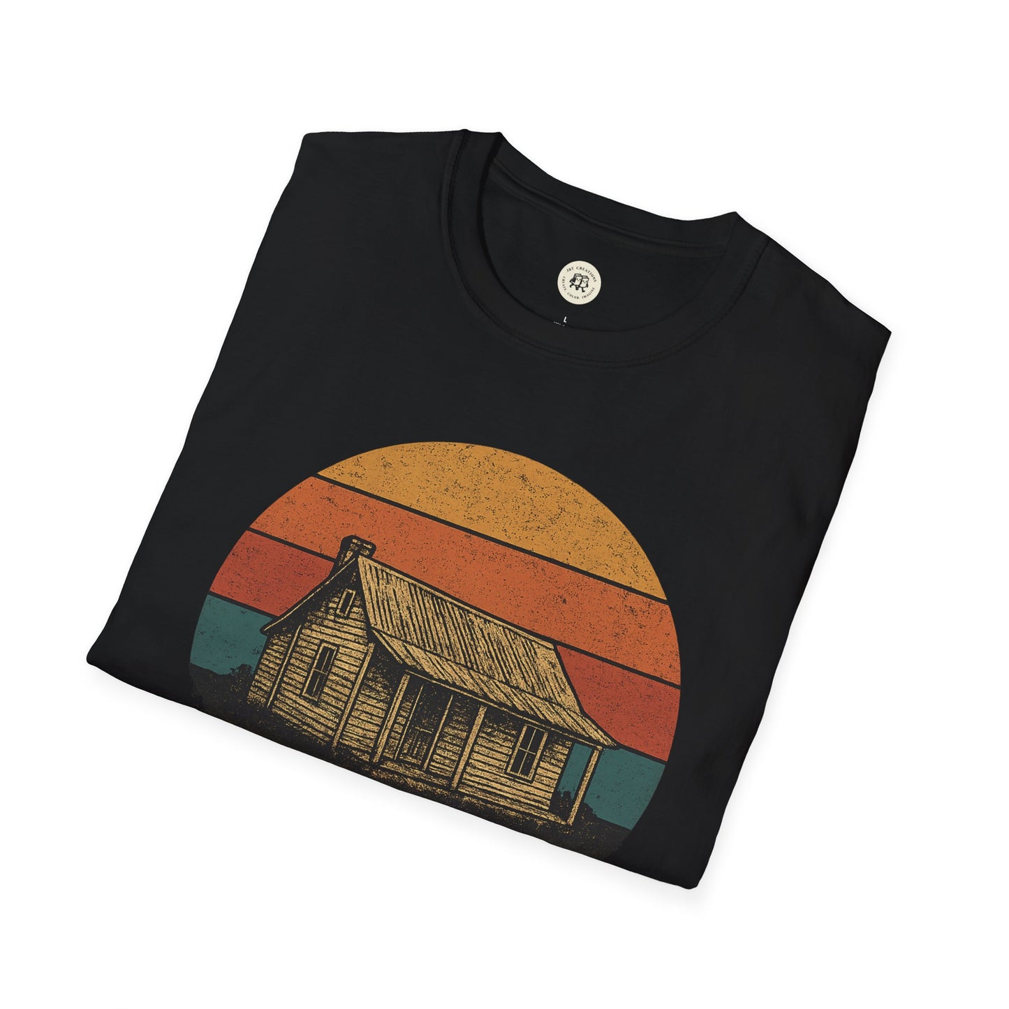 Black T-shirt featuring vintage tin roof rusted pregnancy announcement shirt design with rustic house and sunset