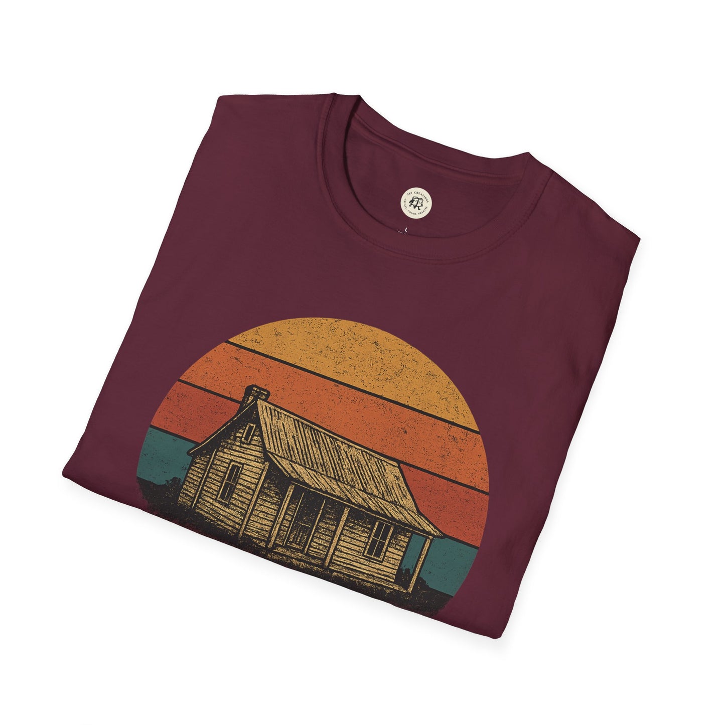 Printify maroon tin roof rusted pregnancy announcement shirt with vintage cabin and sunset design