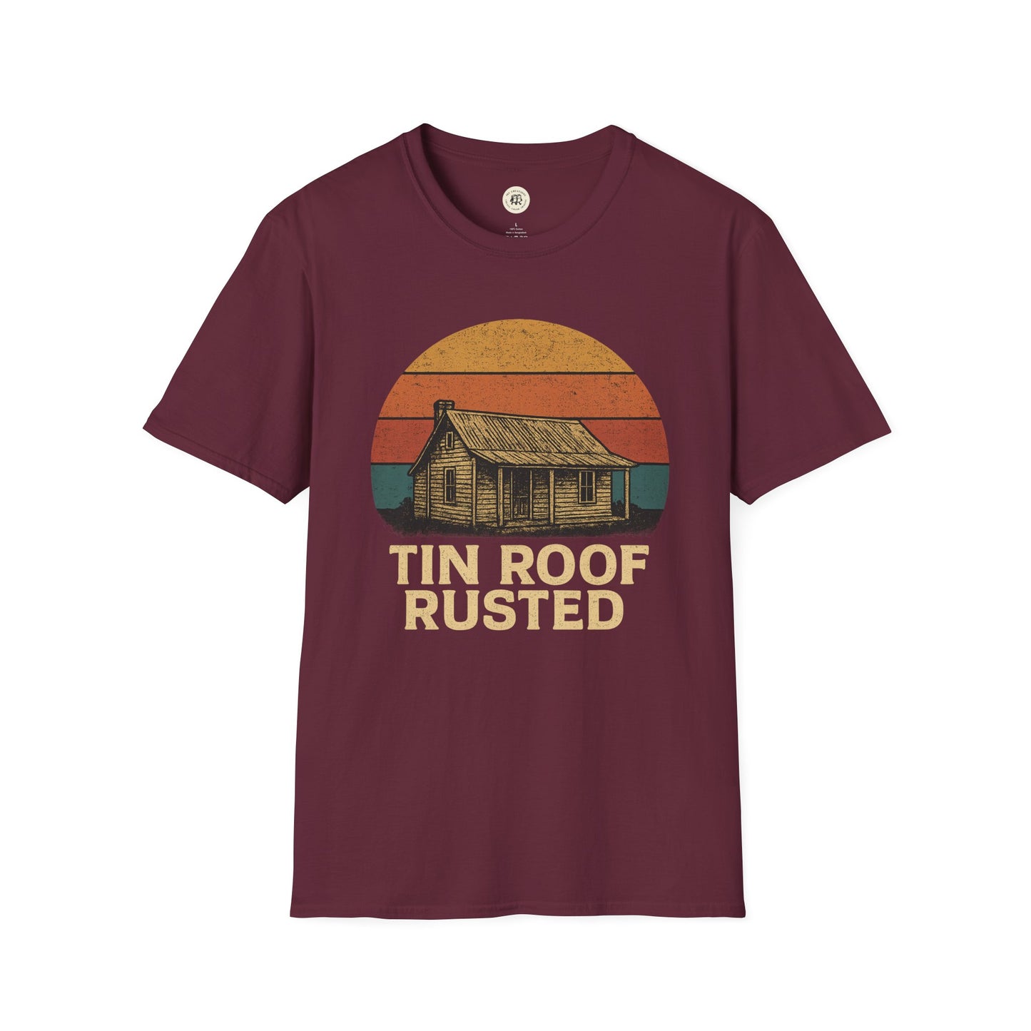 Maroon Printify tin roof rusted pregnancy announcement shirt with rustic cabin design and sunset background