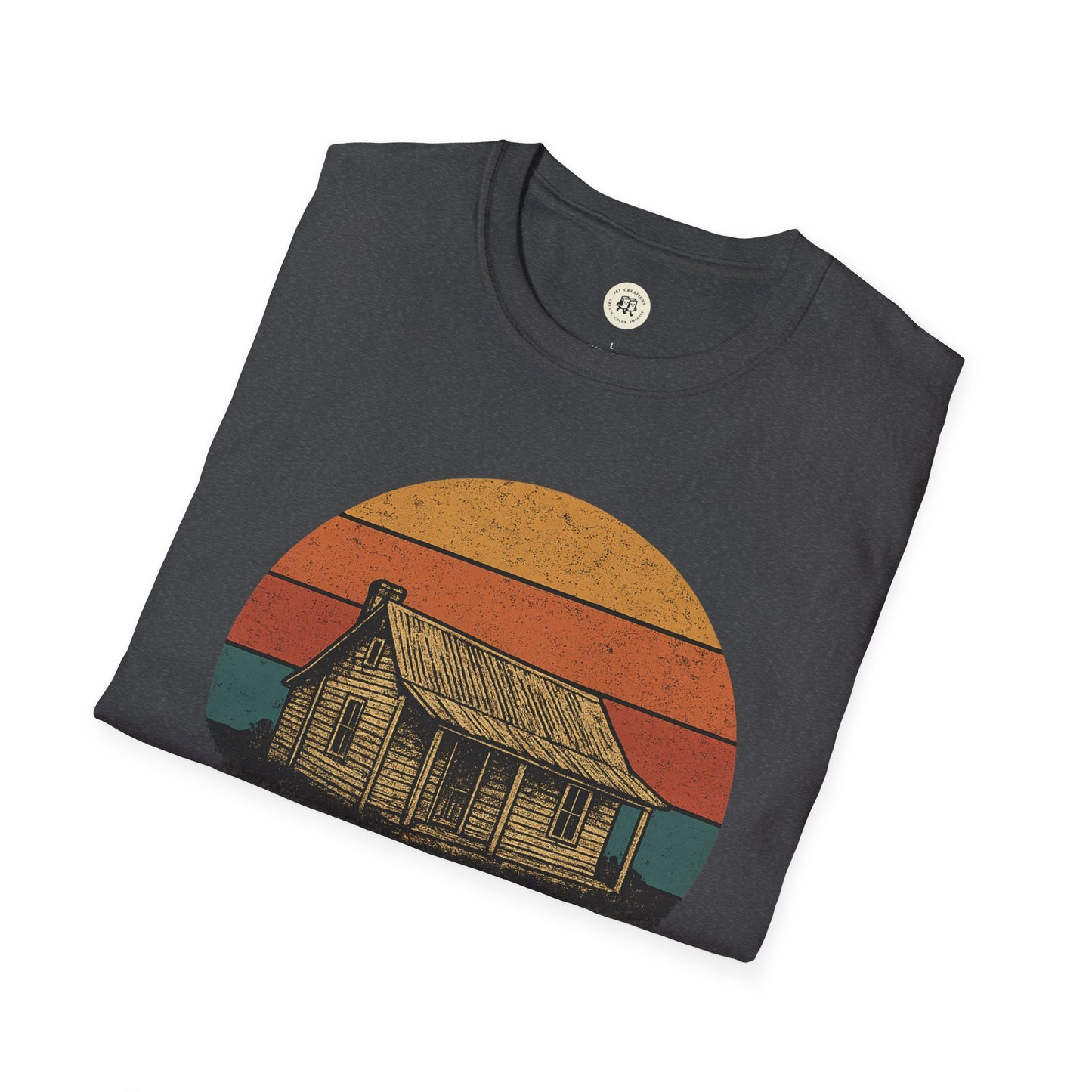 Black T-shirt featuring a vintage tin roof rusted pregnancy announcement shirt design with a rustic house graphic