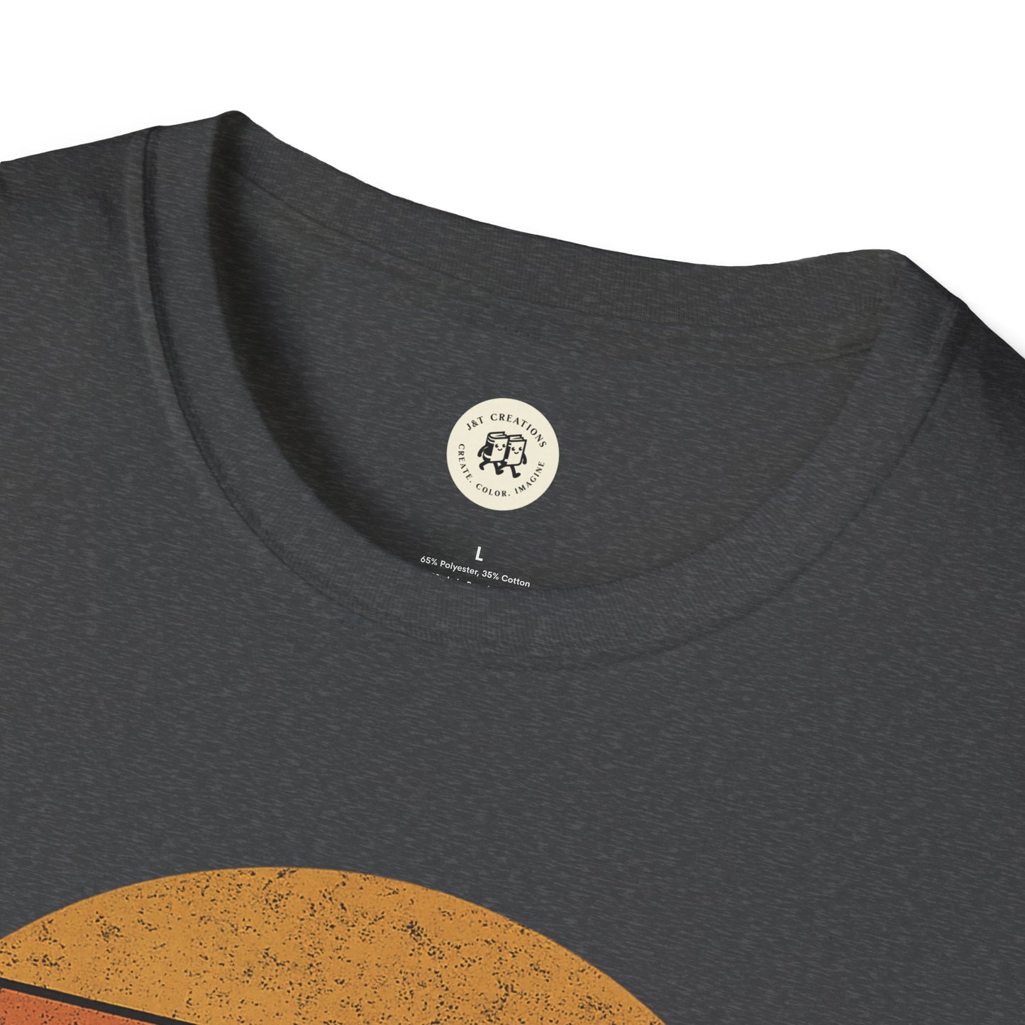 Close-up of Printify tin roof rusted pregnancy announcement shirt neckline and upper chest design