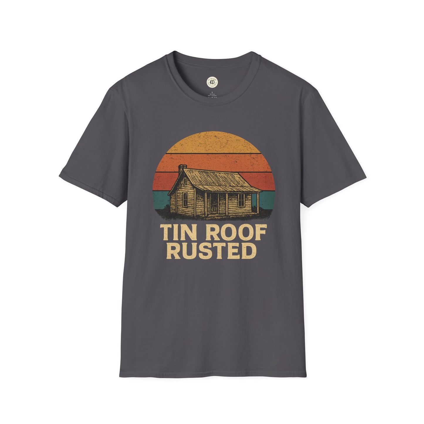 Printify tin roof rusted pregnancy announcement shirt with vintage cabin and sunset design on dark gray tee