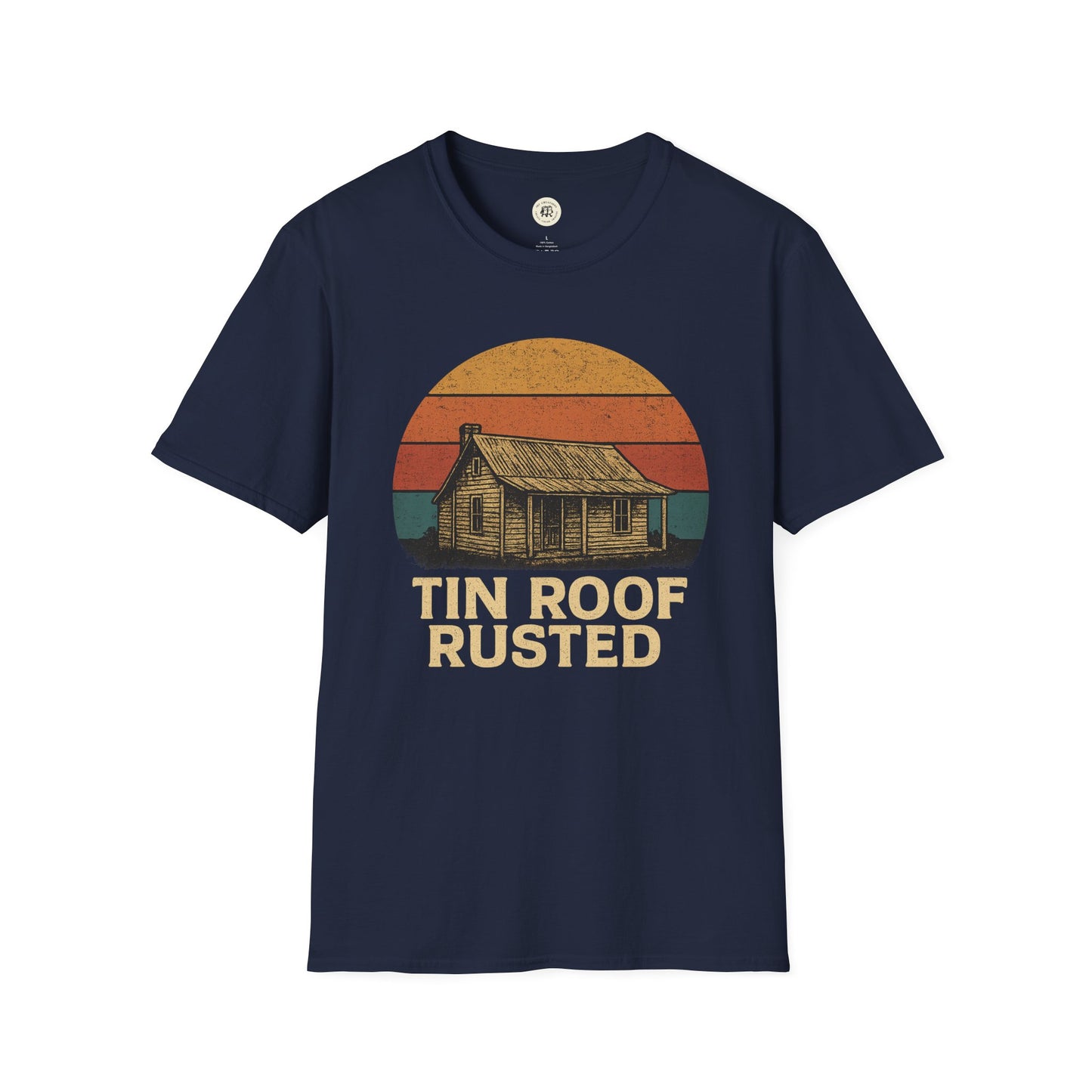 Navy Printify t-shirt with tin roof rusted pregnancy announcement shirt graphic of rustic cabin and sunset