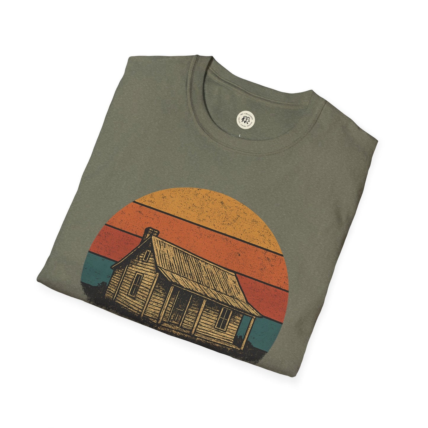Printify tin roof rusted pregnancy announcement shirt with vintage house graphic on olive green tee