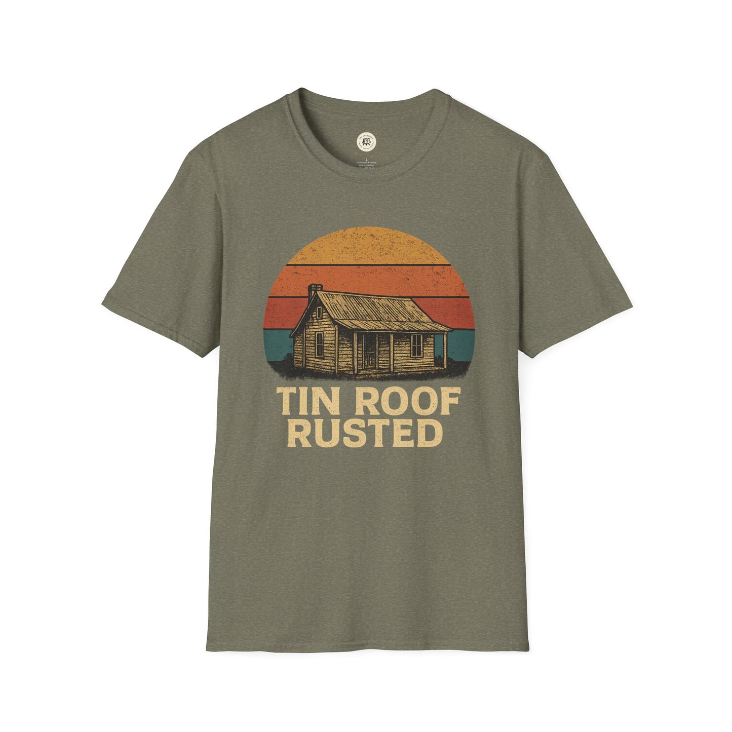 Printify tin roof rusted pregnancy announcement shirt with vintage house and sunset design on green tee