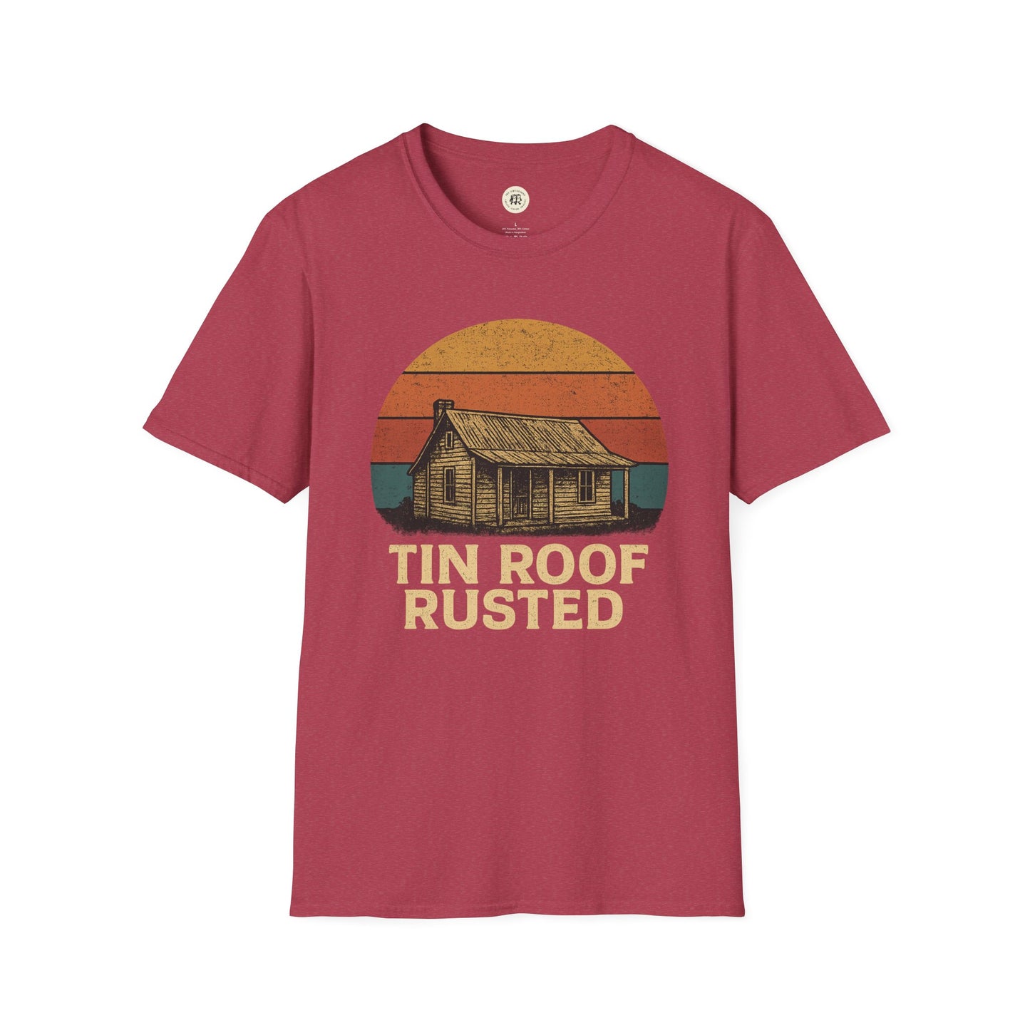 Printify tin roof rusted pregnancy announcement shirt with vintage cabin design on red t-shirt