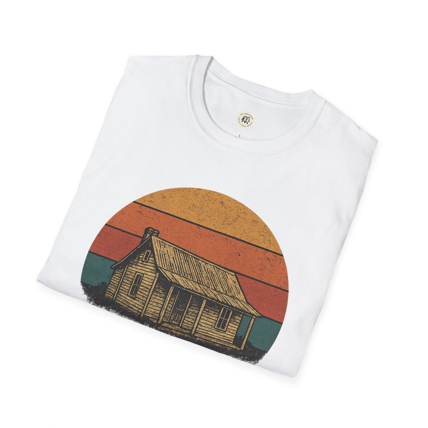 White Printify t-shirt featuring a tin roof rusted pregnancy announcement shirt design with vintage house and sunset stripes
