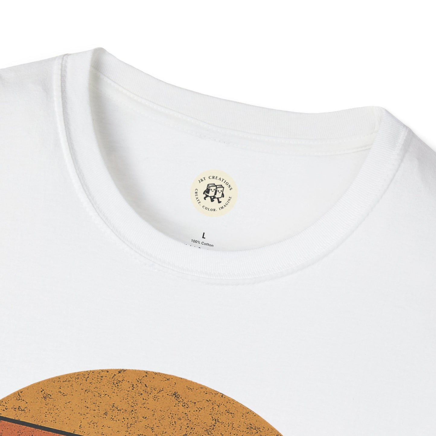 Printify white tin roof rusted pregnancy announcement shirt with close-up of neckline and rust-style graphic