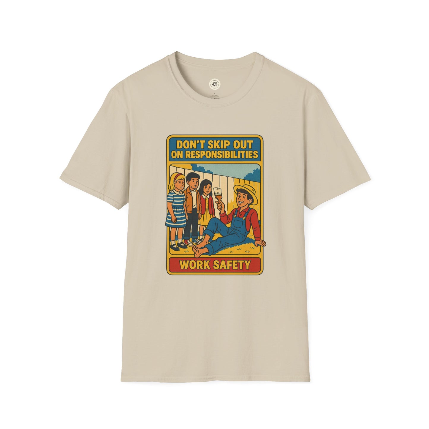 Printify beige Tom Sawyer vintage t-shirt featuring a retro work safety illustration