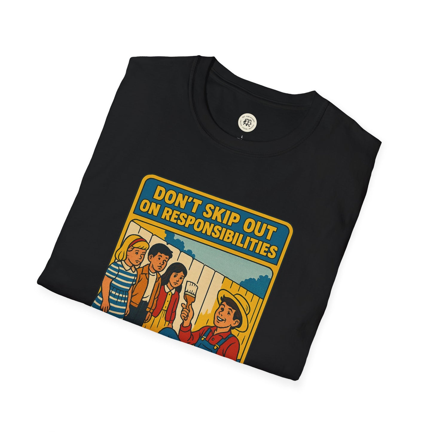 Black Tom Sawyer vintage t-shirt by Printify featuring cartoon characters and quote about responsibility