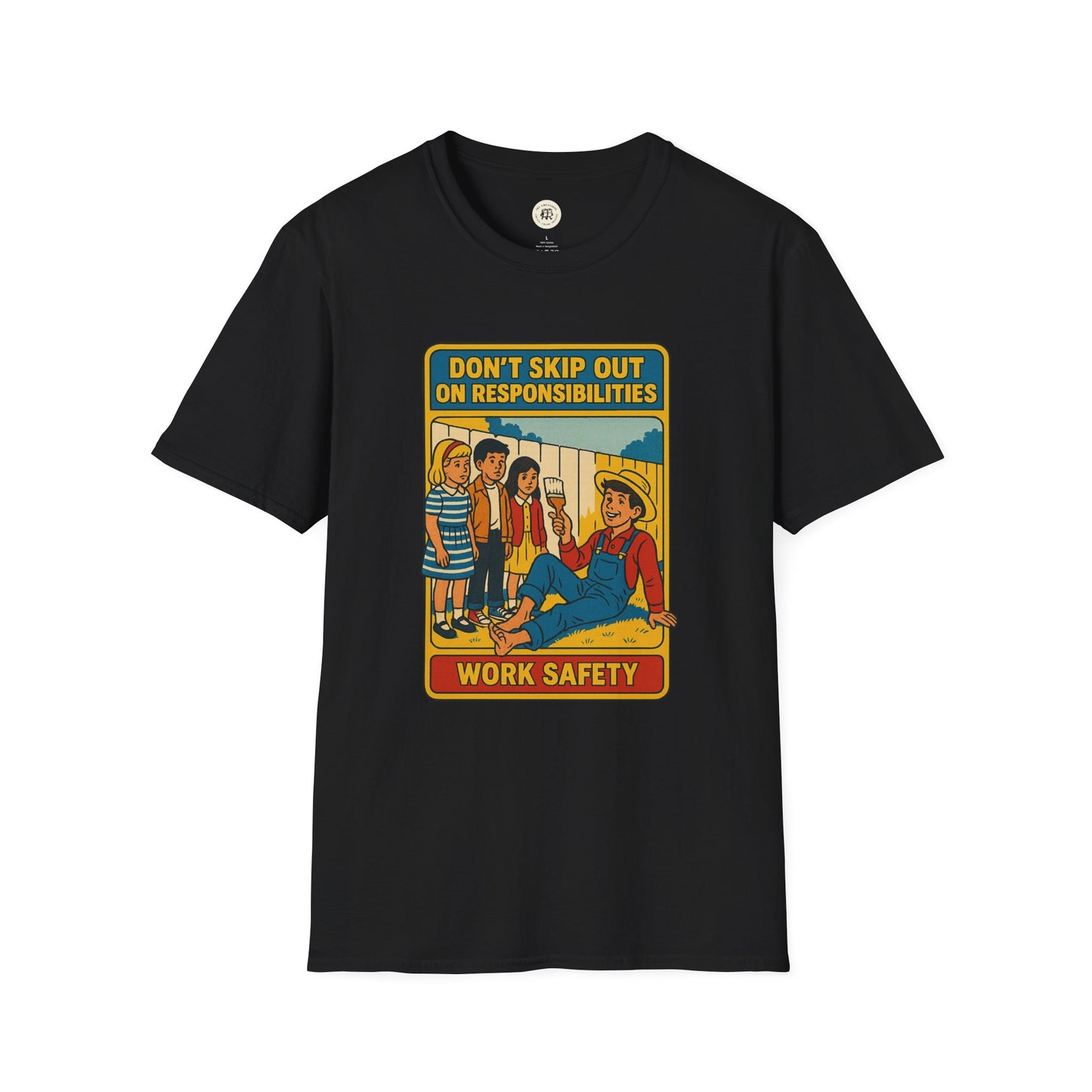 Black Tom Sawyer vintage t-shirt from Printify featuring retro work safety design with characters and motivational text