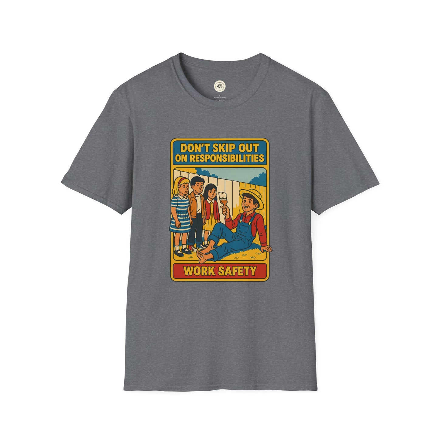 Tom Sawyer vintage t-shirt with retro illustration and work safety message on gray Printify tee