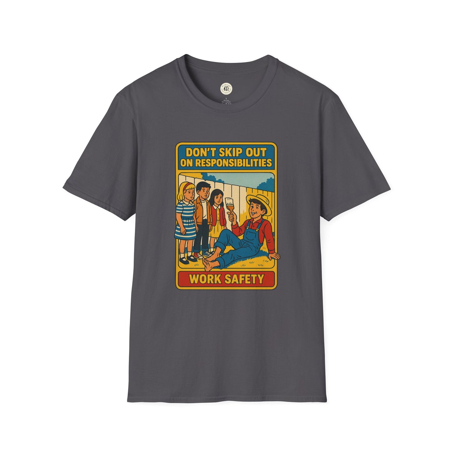 Tom Sawyer vintage t-shirt in gray featuring a vintage work safety design with children and text about responsibilities