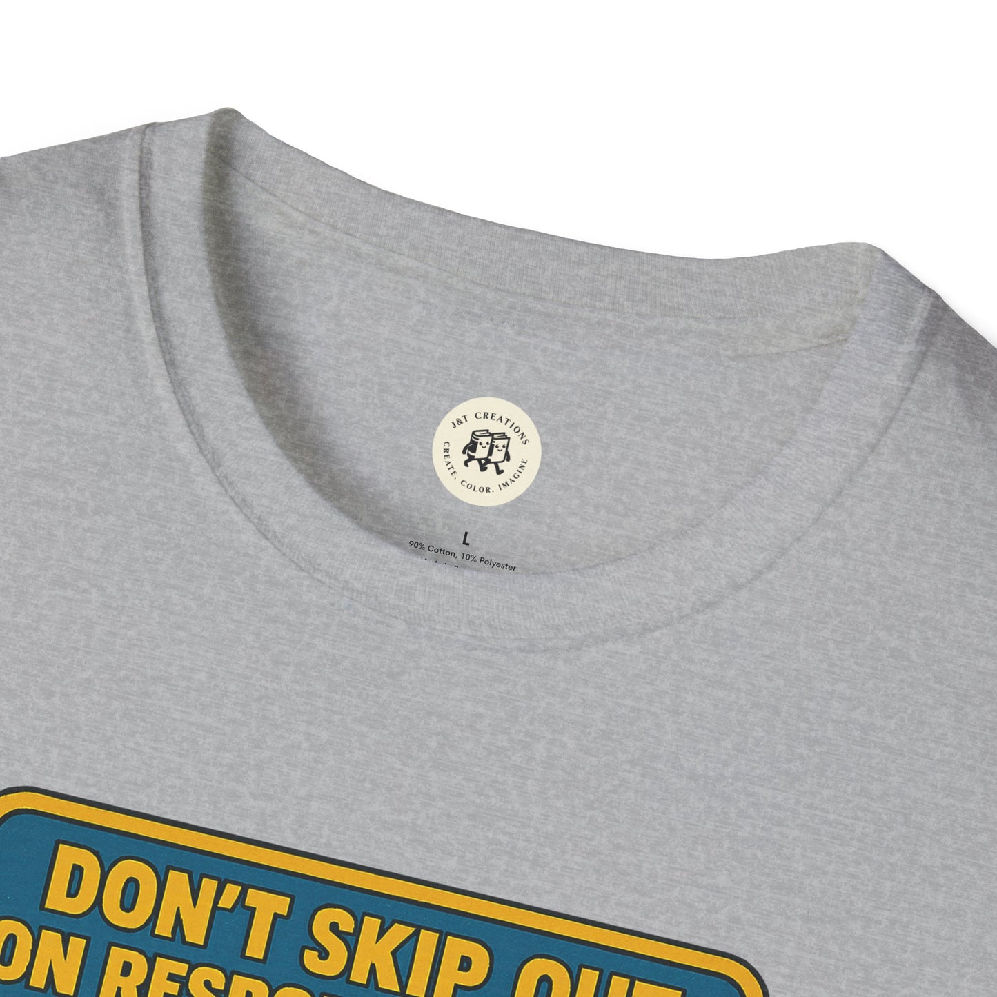 Close-up of gray Tom Sawyer vintage t-shirt collar and printed design by Printify