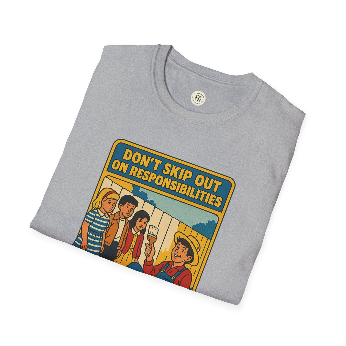 Gray Tom Sawyer vintage t-shirt with cartoon illustration and text Don't Skip Out On Responsibilities