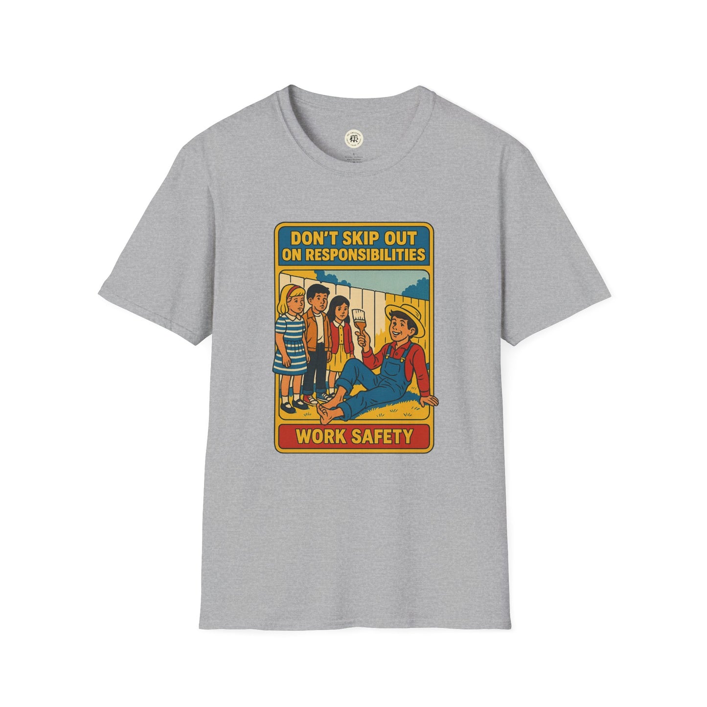 Gray Tom Sawyer vintage t-shirt featuring a retro work safety graphic and kids by a fence