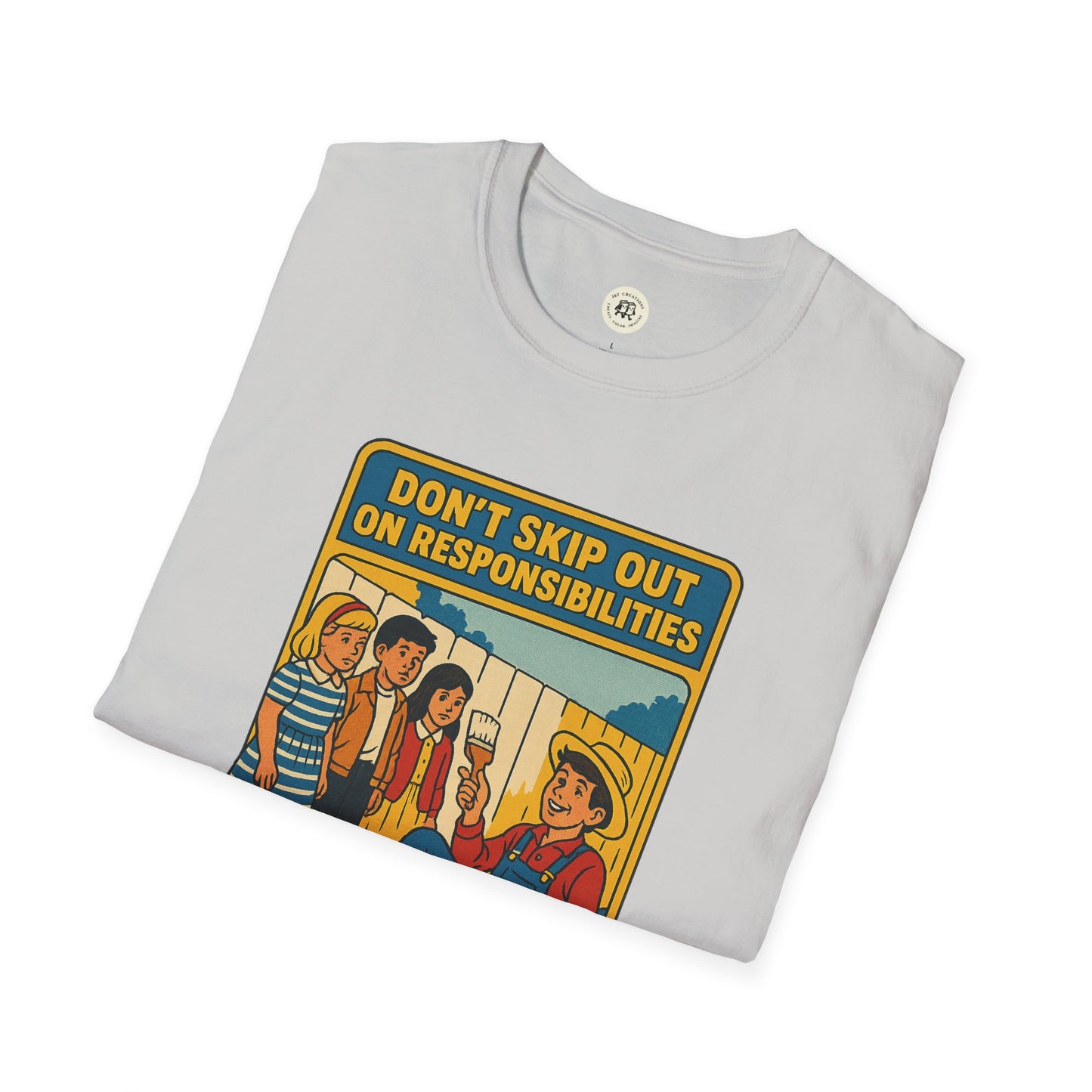 Printify Tom Sawyer vintage t-shirt with comic style design and quote about responsibilities