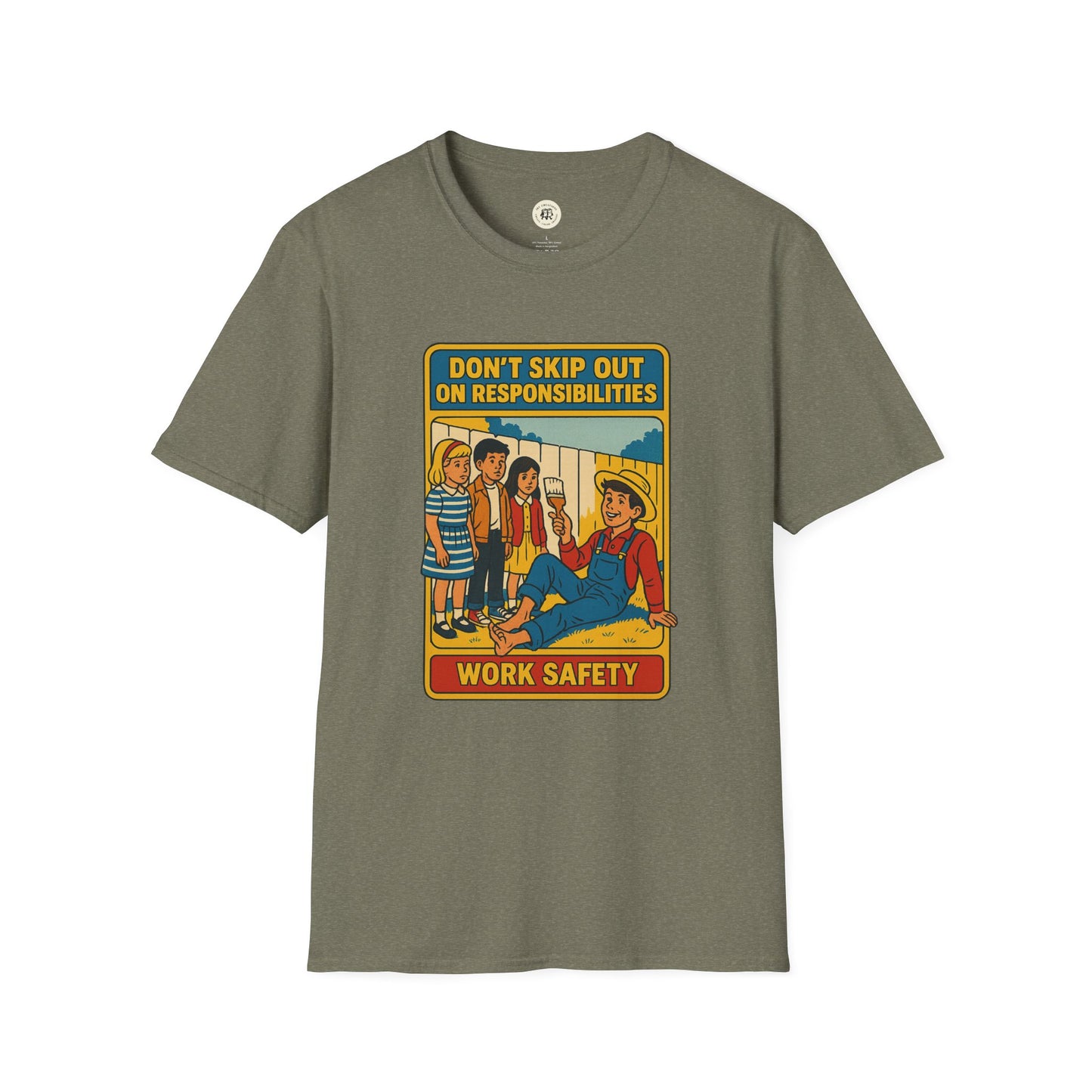 Printify Tom Sawyer vintage t-shirt with work safety cartoon design on olive green fabric