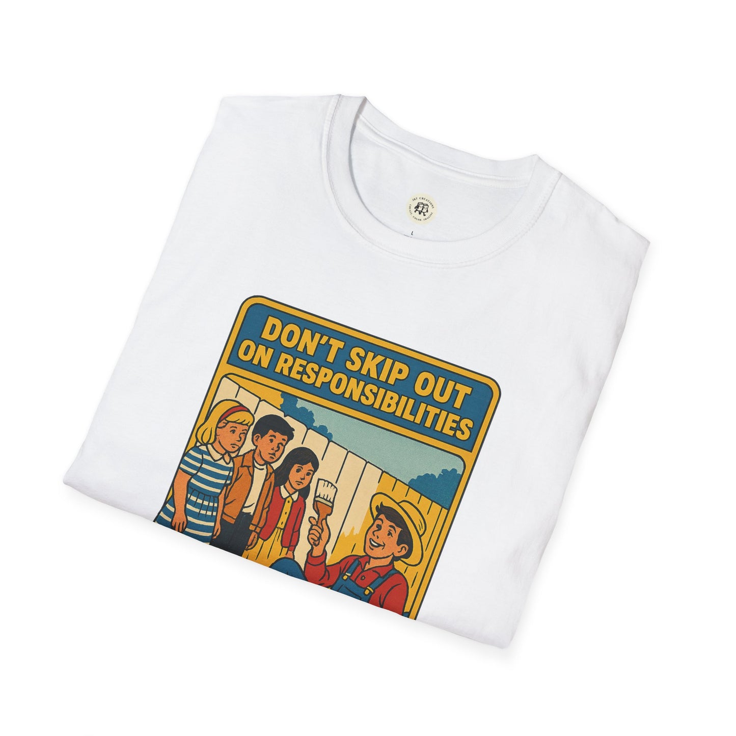 White Printify Tom Sawyer vintage t-shirt with colorful cartoon and Dont Skip Out on Responsibilities text