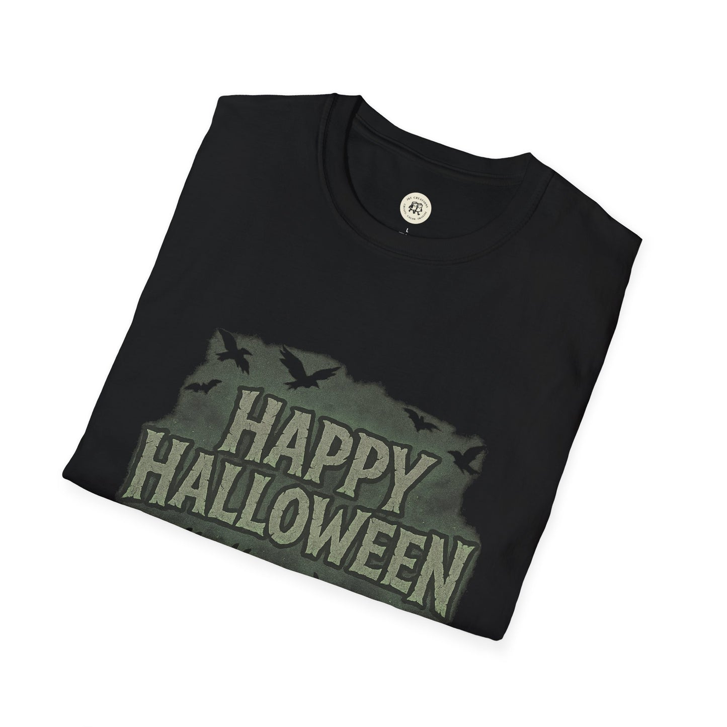 Printify black Halloween unisex t-shirt with happy Halloween text and flying bats graphic