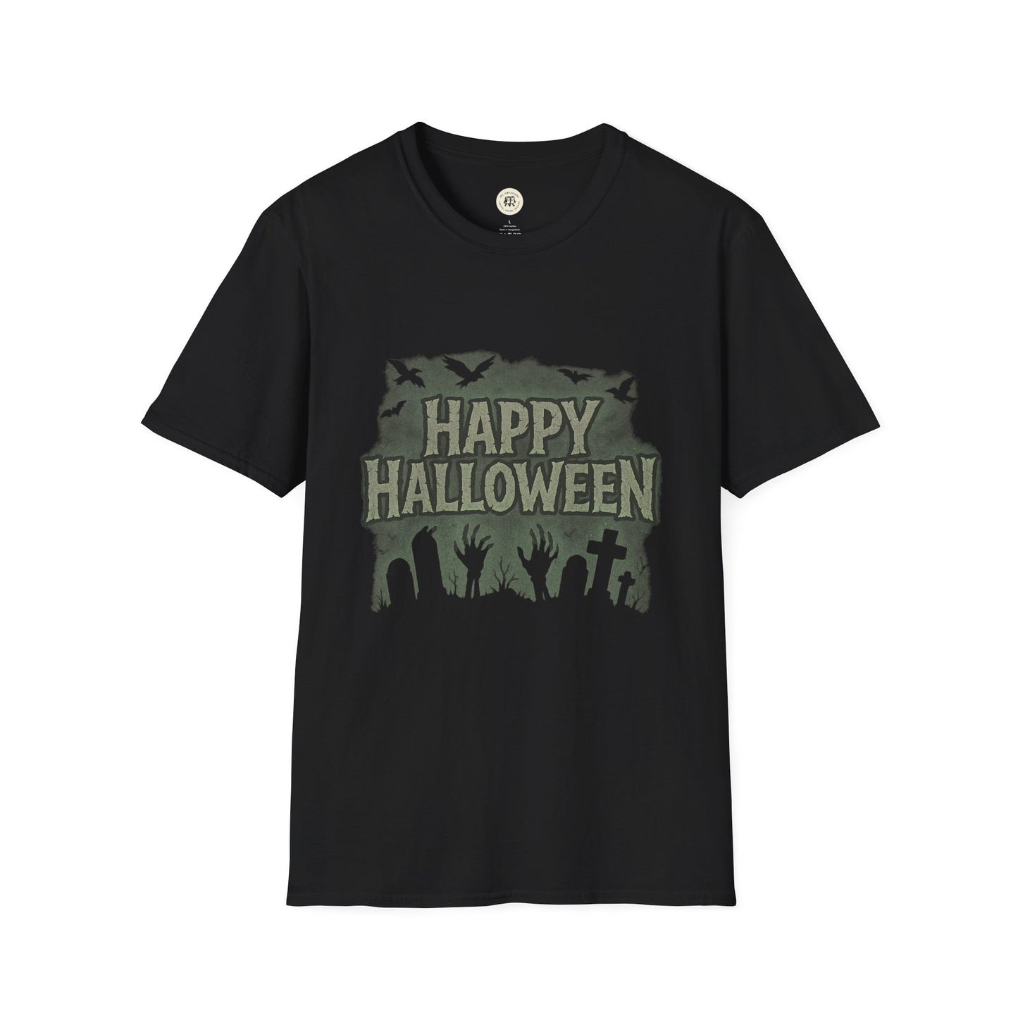 Black Printify Halloween unisex t-shirt with Happy Halloween text and spooky graveyard design