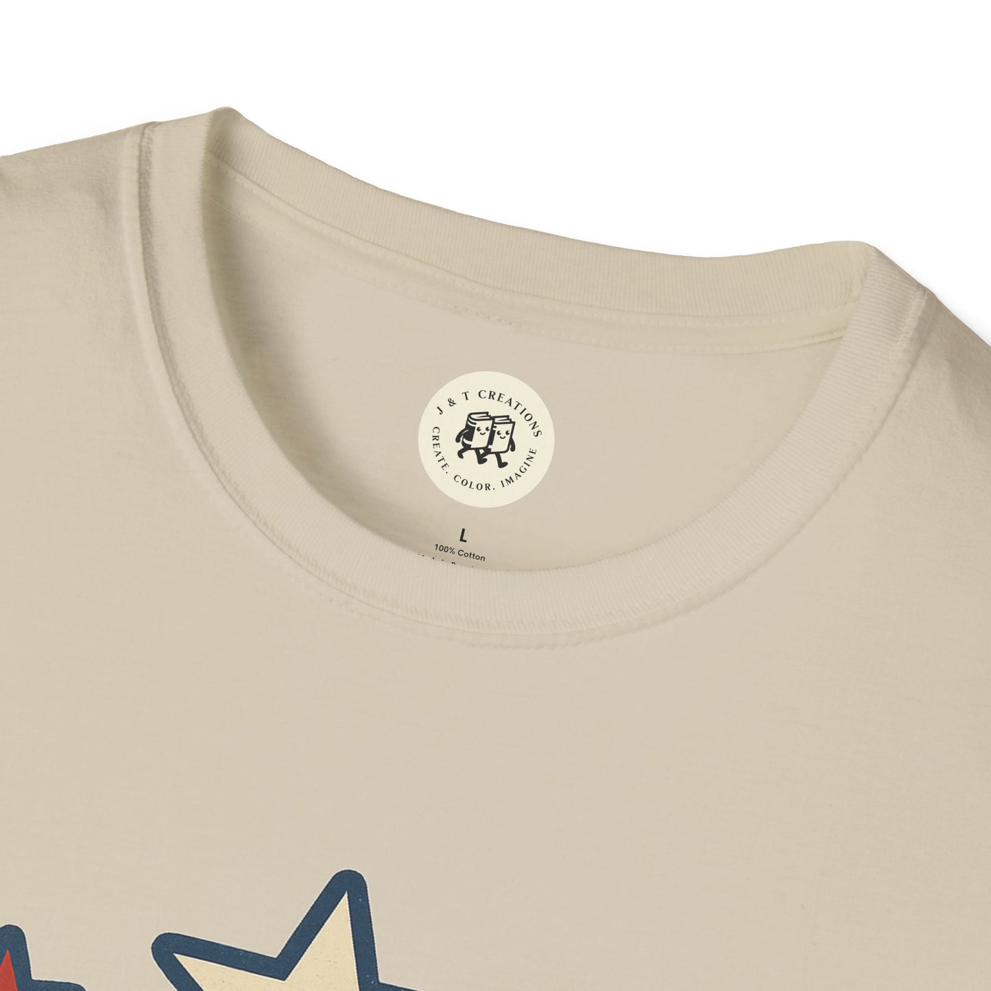 Close-up of Printify USA flag t-shirt collar and part of star design on beige fabric